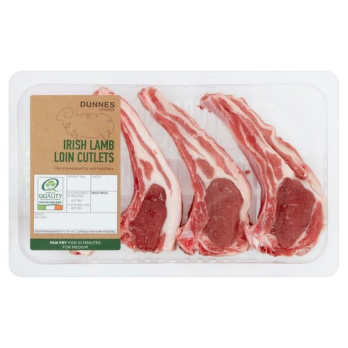 Fresh Irish Bone in Lamb Loin Cutlet Chops<br/><br/><b>Nutritional Claims</b><br/>High in Protein<br/><br/><b>Features</b><br/>Hand prepared by our butchers<br/>Pan Fry for 10 Minutes for Medium<br/>High in Protein<br/><br/><b>Pack Size</b><br/>0.370kg ℮<br/><br/><b>Safety Warning</b><br/>CAUTION: This product is raw and must be cooked. This product contains bone. FOOD SAFETY TIP: Wash all surfaces, utensils and hands after contact with raw meat. Keep all raw and cooked products separate.<br/><br/><b>Storage Type</b><br/>Chilled<br/><br/><b>Storage and Usage Statements</b><br/>Suitable for Home Freezing<br/>Keep Refrigerated<br/><br/><b>Storage</b><br/>Keep Refrigerated 0°C to +4°C. Consume within 24 hours of opening and by 'use by' date. For 'use by' date and weight, see top of pack. Suitable for home freezing. If freezing, freeze on the day of purchase and consume within 1 month. Defrost thoroughly in refrigerator before cooking and use within 24 hours. Once thawed do not refreeze.<br/><br/><b>Storage Conditions</b><br/>Min Temp °C 0<br/>Max Temp °C 4<br/><br/><b>Cooking Guidelines</b><br/>Cooking Instructions - General - Cooking times will vary with appliances, the following are guidelines only. Remove all packaging and allow cutlets to come up to room temperature for 10-15 minutes before cooking. Drizzle with a little oil and season with salt and freshly ground black pepper.<br/>
Allow Chops to Rest for 5 Minutes Before Serving. Do Not Reheat.<br/>Grill - From Chilled - Medium 12-13 mins. Well Done 14-15 mins.<br/>
Preheat grill to a Medium temperature. Place cutlets under grill and cook for times indicated, turning occasionally.<br/>Shallow Fry - From Chilled - Medium 8-10 mins., Well Done 10-12 mins.<br/>
Pan Fry: Preheat pan over a High heat. Sear cutlets on both sides, reduce the heat to Medium and cook for times indicated, turning occasionally.<br/><br/>Country of Origin - Ireland<br/><br/><b>Origin</b><br/>Slaughtered and cut in Ireland<br/>Produced and packed in Co. Dublin<br/><br/><b>Company Name</b><br/>Dunnes Stores / Dunnes Stores (Bangor) Ltd.<br/><br/><b>Company Address</b><br/>Dunnes Stores,<br/>
46-50 South Great George's Street,<br/>
Dublin 2.<br/>
<br/>
Dunnes Stores (Bangor) Ltd.,<br/>
28 Hill Street,<br/>
Newry,<br/>
Co. Down,<br/>
BT34 1AR.<br/><br/><b>Return To</b><br/>Dunnes Stores,<br/>
46-50 South Great George's Street,<br/>
Dublin 2.<br/>
<br/>
Dunnes Stores (Bangor) Ltd.,<br/>
28 Hill Street,<br/>
Newry,<br/>
Co. Down,<br/>
BT34 1AR.<br/>