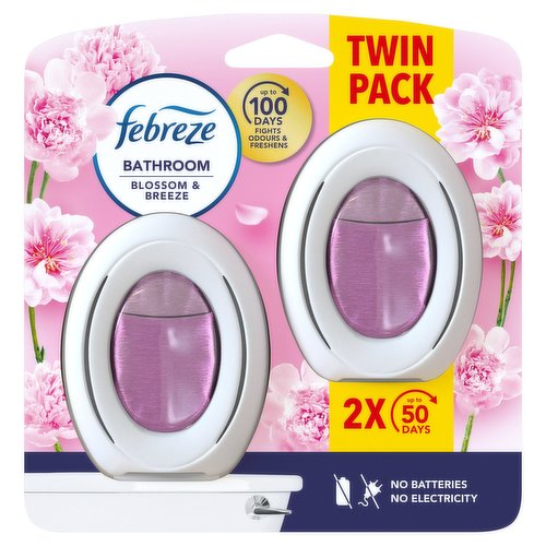<b>Features</b><br/>Febreze Bathroom Air Freshener cfights odours and leaves a light fresh scent<br/>Helps prevent odours from lingering<br/>Leaves behind a light fresh scent<br/>Long-lasting for up to 50 days<br/>Easy to use, 1 push button activation<br/>No battery or electricity needed<br/>Discreet as well as stylish<br/>Blossom & Breeze fragrance is inspired by the freshness of delicate soft petals<br/><br/><b>Pack Size</b><br/>15Mililiters ℮<br/><br/><br/><b>Ingredients</b><br/>Linalool<br/>Pentamethylheptenone<br/>4-Tert-Butylcyclohexyl Acetate<br/>Ethyl 2<br/>2-Dimethylhydrocinnamal<br/>Delta-Damascone<br/>2<br/>4-Dimethyl-3-Cyclohexene Carboxaldehyde<br/>Limonene<br/>Cyclamen Aldehyde<br/>Undecylenal<br/>3-(4-Isobutyl-2-Methylphenyl)Propanal<br/>5<br/>6<br/>7-Trimethylocta-2<br/>5-Dien-4-One<br/>Lauraldehyde<br/>Cis-Hex-3-En-1-Yl Methyl Carbonate<br/>Coumarin<br/>Methylundecanal<br/>Undecenal<br/>Citronellol<br/>Trans-Menthone<br/><br/><b>Safety Warning</b><br/>Causes skin irritation. Causes serious eye irritation. May cause an allergic skin reaction. Toxic to aquatic life with long lasting effects. Keep out of reach of children. IF ON SKIN: Wash with plenty of water. IF IN EYES: Rinse cautiously with water for several minutes. Call a POISON CENTRE/doctor if you feel unwell. People suffering from perfume sensitivity should be cautious when using this product. Ventilate the room after use. Retain carton and safety instructions until product is finished.<br/><br/><b>Storage Type</b><br/>Ambient<br/><br/><b>Preparation and Usage</b><br/>To activate firmly press blue button. There is no click sound. Wait 1 minute. Liquid level will drop. If no scent released then press blue button again. No battery needed. No electricity needed.<br/><br/>Country of Origin - Bulgaria<br/>Packed In - Bulgaria<br/><br/><b>Telephone Helpline</b><br/>0800 328 2882<br/><br/><b>Return To</b><br/>Procter & Gamble UK, Weybridge, Surrey, KT13 0XP, UK<br/><br/>