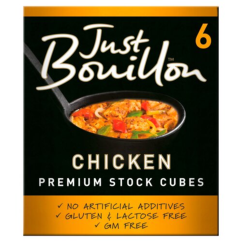 6 Premium Chicken Stock Cubes<br/><br/><b>Features</b><br/>For gravies, soups & sauces<br/>No artificial additives<br/>Gluten & lactose free<br/>GM free<br/>Real cooks love<br/><br/><b>Lifestyle</b><br/>Gluten free<br/><br/><b>Pack Size</b><br/>66g ℮<br/><br/><br/><b>Ingredients</b><br/>Sea Salt<br/>Potato Starch<br/>Hydrolised Vegetable Protein (<span style='font-weight: bold;'>Soya</span>)<br/>Chicken Fat (9%)<br/>Yeast Extract<br/>Sustainable Palm Oil<br/>Sugar<br/>Natural Flavouring<br/>Chicken Powder (0.4%)<br/>Herbs and Spices (Turmeric, White Pepper, Mace, <span style='font-weight: bold;'>Celery</span>, Rosemary, Parsley)<br/>Concentrated Onion Juice<br/>Concentrated Carrot Juice<br/>Sunflower Oil<br/>Antioxidant: Rosemary Extracts<br/><br/><b>Allergy Advice</b><br/>See ingredient list for allergens in <span style='font-weight: bold;'>bold</span>.<br/><br/><br/><b>Allergy Text</b><br/>May contain Egg.<br/><br/><br/><b>Number of Units</b><br/>6<br/><br/><b>Storage Type</b><br/>Ambient<br/><br/><b>Storage</b><br/>Store in a cool, dry place.<br/><br/><b>Preparation and Usage</b><br/>Preparation<br/>
Dissolve one Just Bouillon Chicken Stock Cube in 500ml of boiling water and add to recipe.<br/><br/><b>Company Name</b><br/>Kallo Foods Ltd<br/><br/><b>Company Address</b><br/>River View,<br/>
Surrey,<br/>
GU17 9AB.<br/><br/><b>Telephone Helpline</b><br/>03456021519<br/><br/><b>Return To</b><br/>Get in touch:<br/>
Kallo Foods Ltd,<br/>
River View,<br/>
Surrey,<br/>
GU17 9AB.<br/>
03456021519<br/>
consumerservices@kallofoods.com<br/>