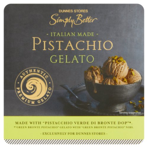 Pistacchio Verde di Bronte DOP Gelato with Pistachio Verde di Bronte DOP nibs<br/><br/><b>Features</b><br/>Authentic Premium Gelato<br/>Suitable for Vegetarians<br/><br/><b>Lifestyle</b><br/>Suitable for Vegetarians<br/><br/><b>Pack Size</b><br/>350g ℮<br/><br/><b>Usage Other Text</b><br/>Number of Servings Per Pack: 4 Approx.<br/><br/><b>Usage Count</b><br/>Number of uses - Servings - 4<br/><br/><br/><b>Ingredients</b><br/>Italian Whole <span style='font-weight: bold;'>Milk</span><br/>Sugar<br/>Italian Cream (<span style='font-weight: bold;'>Milk</span>)<br/>Green Bronte <span style='font-weight: bold;'>Pistachio</span> Paste (9.8%)<br/>Green Bronte <span style='font-weight: bold;'>Pistachio</span> Nibs (2.2%)<br/>Sweet Salt of Cervia<br/><br/><b>Allergy Advice</b><br/>For allergens, see ingredients in bold.<br/><br/><br/><b>Allergy Text</b><br/>May also contain other Nuts, Peanuts, Egg and Soya. Not suitable for Nut allergy sufferers.<br/><br/><br/><b>Storage Type</b><br/>Frozen<br/><br/><b>Storage and Usage Statements</b><br/>Keep Frozen<br/><br/><b>Storage</b><br/>Keep frozen -18°C or colder<br/>
- For 'best before end' date, see lid.<br/>
- Once thawed do not refreeze.<br/>
- Keep frozen and use within the following periods:<br/>
Ice making compartment: 3 days<br/>
Star marked frozen food compartments:<br/>
* 1 week<br/>
** 1 month<br/>
*** until 'best before' date<br/>
**** until 'best before' date<br/>
*Should be -18°C or colder<br/><br/><b>Storage Conditions</b><br/>Max Temp °C -18<br/><br/><b>Preparation and Usage</b><br/>Serving Suggestion<br/>
Remove from freezer and allow to stand for 10 minutes before serving.<br/><br/>Country of Origin - Italy<br/>Packed In - Italy<br/><br/><b>Origin</b><br/>Produced and packed in Italy<br/><br/><b>Company Name</b><br/>Dunnes Stores<br/><br/><b>Company Address</b><br/>46-50 South Great George's Street,<br/>
Dublin 2.<br/>
<br/>
Store 3,<br/>
Forestside S.C.,<br/>
Upr, Galwally Rd.,<br/>
Belfast,<br/>
BT8 6FX.<br/><br/><b>Return To</b><br/>Dunnes Stores,<br/>
46-50 South Great George's Street,<br/>
Dublin 2.<br/>
<br/>
Dublin Stores,<br/>
Store 3,<br/>
Forestside S.C.,<br/>
Upr, Galwally Rd.,<br/>
Belfast,<br/>
BT8 6FX.<br/>
