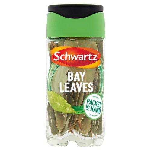 Bay Leaves<br/><br/><b>Further Description</b><br/>For recipes and cooking suggestions visit: www.schwartz.co.uk<br/><br/><b>Features</b><br/>Packed by hand<br/><br/><b>Pack Size</b><br/>3g ℮<br/><br/><b>Recycling Info</b><br/>Cap - Plastic - Check Local Recycling<br/>Jar - Glass - Widely Recycled<br/><br/><b>Storage Type</b><br/>Ambient<br/><br/><b>Storage</b><br/>Store in a cool, dry place out of direct sunlight.<br/><br/><b>Preparation and Usage</b><br/>Use 1 per 2 servings<br/>
<br/>
Top Tips... Crush into marinades for grilled or barbecued meat and poultry. Stir into Bolognese sauce during cooking or cook rice pudding with a Bay Leaf for added flavour.<br/><br/>Packed In - Produce of the EU<br/><br/><b>Company Name</b><br/>Schwartz<br/><br/><b>Company Address</b><br/>Pegasus Way,<br/>
Haddenham,<br/>
Aylesbury,<br/>
Bucks,<br/>
HP17 8LB.<br/><br/><b>Return To</b><br/>Schwartz,<br/>
Pegasus Way,<br/>
Haddenham,<br/>
Aylesbury,<br/>
Bucks,<br/>
HP17 8LB.<br/>
Schwartz.enquiries@mccormick.co.uk<br/><br/>