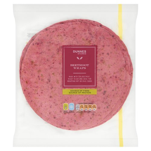 6 Beetroot Wraps<br/><br/><b>Nutritional Claims</b><br/>Source of Fibre<br/>Source of Protein<br/><br/><b>Features</b><br/>Made with 35% Beetroot, Ready to Eat and Ideal for Wrapping Hot or Cold Foods<br/>Source of Fibre and Protein<br/>Suitable for Vegans<br/><br/><b>Lifestyle</b><br/>Suitable for Vegans<br/><br/><b>Pack Size</b><br/>370g ℮<br/><br/><b>Usage Other Text</b><br/>Number of Servings Per Pack: 6<br/><br/><b>Usage Count</b><br/>Number of uses - Servings - 6<br/><br/><br/><b>Ingredients</b><br/><span style='font-weight: bold;'>Wheat</span> Flour<br/>Beetroot (35%) [Beetroot Concentrate, Beetroot Purée, Beetroot Pieces]<br/>Palm Fat<br/>Stabiliser: Glycerine<br/><span style='font-weight: bold;'>Wheat</span> Protein<br/>Sugar<br/>Salt<br/>Acidity Regulator: Malic Acid<br/>Raising Agent: Sodium Carbonates<br/>Preservatives: Calcium Propionate, Potassium Sorbate<br/>Emulsifier: Mono- and Diglycerides of Fatty Acids<br/>Pepper<br/>Sugar Beet Fibre<br/><br/><b>Allergy Advice</b><br/>For allergens, including Cereals containing Gluten, see ingredients in bold.<br/><br/><br/><b>Storage Type</b><br/>Ambient<br/><br/><b>Storage and Usage Statements</b><br/>Suitable for Home Freezing<br/>Ready to Eat<br/><br/><b>Storage</b><br/>- Store in a cool dry place.<br/>
- Once opened, reseal pack and consume within 3 days.<br/>
- Suitable for home freezing.<br/>
- If freezing, freeze on the day of purchase and consume within 1 month.<br/>
- Defrost thoroughly at room temperature and use within 24 hours.<br/>
- Once thawed do not refreeze.<br/>
- Do not defrost in a microwave.<br/><br/><b>Cooking Guidelines</b><br/>Cooking Instructions - General - Heating times will vary with appliances, the following are guidelines only. Remove all packaging.<br/>Microwave - From Ambient - 650W 10 sec, 750W 9sec, 850W 8 sec<br/>
Place wraps onto a microwaveable plate and heat on full power for times indicated.<br/>Oven cook - From Ambient - 200°C, Fan 180°C, Gas 6, 8 mins<br/>
Preheat oven to required temperature shown above. Place wraps in aluminium foil and place on the middle shelf of the oven and heat for times indicated.<br/>Shallow Fry - From Ambient - 1-2 mins.<br/>
Place wrap on pan and heat for time indicated, turning half way.<br/><br/><b>Preparation and Usage</b><br/>Ready to Eat.<br/>
<br/>
Our Suggestions<br/>
Serving<br/>
Fry meat, fish or vegetables of choice in a deep pan or skillet. Add passata, herbs and spices to the pan. Simmer with the lid on low heat for about 10 minutes or until cooked through. While the meat or fish is cooking, prepare lettuce and tomatoes. Warm the tortilla, add filling and top with lettuce, tomato and grated cheese.<br/><br/>Packed In - Netherlands<br/><br/><b>Origin</b><br/>Packed in the Netherlands<br/><br/><b>Company Name</b><br/>Dunnes Stores<br/><br/><b>Company Address</b><br/>46-50 South Great George's Street,<br/>
Dublin 2.<br/>
<br/>
Store 3,<br/>
Forestside S.C.,<br/>
Upr. Galwally Rd.,<br/>
Belfast,<br/>
BT8 6FX.<br/><br/><b>Return To</b><br/>Dunnes Stores,<br/>
46-50 South Great George's Street,<br/>
Dublin 2.<br/>
<br/>
Dunnes Stores,<br/>
Store 3,<br/>
Forestside S.C.,<br/>
Upr. Galwally Rd.,<br/>
Belfast,<br/>
BT8 6FX.<br/>