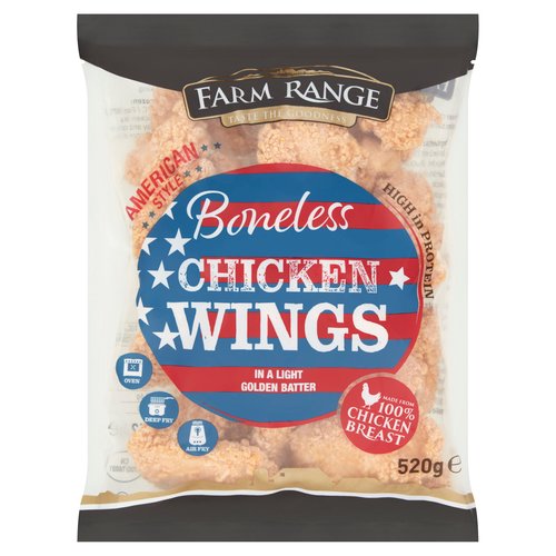 Frozen chicken fillet pieces coated in a light golden batter.<br/><br/><b>Nutritional Claims</b><br/>High in Protein<br/><br/><b>Features</b><br/>Taste the Goodness<br/>In a Light Golden Batter<br/>American Style<br/>High in Protein<br/>Made from 100% Chicken Breast<br/>Halal<br/><br/><b>Lifestyle</b><br/>Halal<br/><br/><b>Pack Size</b><br/>520g ℮<br/><br/><br/><b>Ingredients</b><br/>Chicken Breast (58%)<br/>Batter (20%) (<span style='font-weight: bold;'>Wheat</span> Flour, Maize Starch, Bulking Agents: Sodium Phosphates, Sodium Carbonates; Colour: Paprika Extract; Yeast Extract, Salt, Sugar, Rice Flour, Dried Dextrose Syrup, Capsicum Extract, Water)<br/>Palm Oil<br/>Tapioca Starch<br/>Modified Tapioca Starch<br/>Salt<br/><span style='font-weight: bold;'>Wheat</span> Flour<br/>Acidity Regulators: Sodium Citrates, Sodium Carbonates<br/>Maize Starch<br/>Water<br/><br/><b>Allergy Advice</b><br/>For allergens, including Cereals containing Gluten, see ingredients in <span style='font-weight: bold;'>bold</span>.<br/><br/><br/><b>Allergy Text</b><br/>May also contain Celery, Egg, Sesame, Soya and Milk.<br/><br/><br/><b>Safety Warning</b><br/>Although every care has been taken to remove all bones some may remain.<br/><br/><b>Storage Type</b><br/>Frozen<br/><br/><b>Storage and Usage Statements</b><br/>Keep Frozen<br/><br/><b>Storage</b><br/>Store frozen at - 18ºC or below.<br/>
If defrosted, do not refreeze.<br/><br/><b>Storage Conditions</b><br/>Max Temp °C -18<br/><br/><b>Cooking Guidelines</b><br/>Cooking Instructions - General - Remove all packaging prior to cooking.<br/>
- Please ensure food is piping hot prior to serving.<br/>
- The above instructions are guidelines only cooking appliances may vary.<br/>Other - From Frozen - Pre-heat air fryer to 180ºC. Place chicken in the air fryer and cook for 7-9 minutes.<br/>Oven cook - From Frozen - Pre-heat oven to 200ºC / Fan 180ºC / Gas Mark 6. Place chicken on a pre-heated baking tray and cook for 14-16 minutes turning once during cooking time.<br/>Shallow Fry - From Frozen - Pre-heat oil to 180ºC. Place chicken in the oil and fry for 3-5 minutes.<br/><br/>Country of Origin - China<br/><br/><b>Origin</b><br/>Produced in China in an EU approved factory<br/><br/><b>Company Name</b><br/>Pan Euro Foods Ltd.<br/><br/><b>Company Address</b><br/>9C, Beckett Way,<br/>
Park West Business Park,<br/>
Dublin 12,<br/>
Ireland.<br/><br/><b>Web Address</b><br/>www.paneurofoods.com<br/><br/><b>Return To</b><br/>Pan Euro Foods Ltd.,<br/>
9C, Beckett Way,<br/>
Park West Business Park,<br/>
Dublin 12,<br/>
Ireland.<br/>
www.paneurofoods.com<br/>