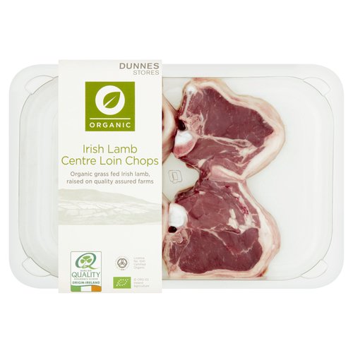 Fresh Organic Irish Lamb Centre Loin Chops<br/><br/><b>Features</b><br/>Organic grass fed Irish lamb, raised on quality assured farms<br/><br/><b>Lifestyle</b><br/>Organic<br/><br/><b>Pack Size</b><br/>380g ℮<br/><br/><b>Safety Warning</b><br/>CAUTION<br/>
- This product is raw and must be cooked.<br/>
- This product contains bone.<br/>
- FOOD SAFETY TIP: Wash all surfaces, utensils and hands after contact with raw meat. Keep all raw and cooked products separate.<br/><br/><b>Storage Type</b><br/>Chilled<br/><br/><b>Storage and Usage Statements</b><br/>Suitable for Home Freezing<br/>Keep Refrigerated<br/><br/><b>Storage</b><br/>Keep Refrigerated 0°C to +4°C.<br/>
- Consume within 24 hours of opening and by 'use by' date.<br/>
- For 'use by' date, see top of pack.<br/>
- Suitable for home freezing.<br/>
- If freezing, freeze on the day of purchase and consume within 1 month.<br/>
- Defrost thoroughly in refrigerator before cooking and use within 24 hours.<br/>
- Once thawed do not refreeze.<br/><br/><b>Storage Conditions</b><br/>Min Temp °C 0<br/>Max Temp °C 4<br/><br/><b>Cooking Guidelines</b><br/>Shallow Fry - From Ambient - Cooking times will vary with appliances, the following are guidelines only. Remove all packaging and allow the chops to come up to room temperature for 10-15 minutes before cooking. Drizzle with a little oil and season with salt and freshly ground black pepper.<br/>
Medium 8-10 mins.<br/>
Well Done 10-12 mins.<br/>
Preheat a pan over a High heat. Sear chops on both sides, reduce the heat to Medium and cook for times indicated, turning occasionally.<br/>
Allow Chops to Rest for 5 Minutes Before Serving. Do Not Reheat.<br/><br/><b>Origin</b><br/>Packed in Co. Wexford<br/><br/><b>Company Name</b><br/>Dunnes Stores<br/><br/><b>Company Address</b><br/>46-50 South Great George's Street,<br/>
Dublin 2.<br/>
<br/>
Store 3,<br/>
Forestside S.C.,<br/>
Upr. Galwally Rd.,<br/>
Belfast,<br/>
BT8 6FX.<br/><br/><b>Return To</b><br/>Dunnes Stores,<br/>
46-50 South Great George's Street,<br/>
Dublin 2.<br/>
<br/>
Dunnes Stores,<br/>
Store 3,<br/>
Forestside S.C.,<br/>
Upr. Galwally Rd.,<br/>
Belfast,<br/>
BT8 6FX.<br/>