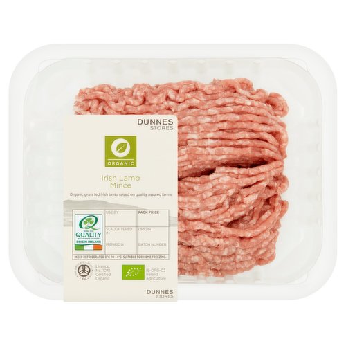 Fresh Organic Irish Lamb Mince - Typically 15% Fat<br/><br/><b>Features</b><br/>Organic grass fed Irish lamb, raised quality assured farms<br/><br/><b>Lifestyle</b><br/>Organic<br/><br/><b>Pack Size</b><br/>380g ℮<br/><br/><b>Safety Warning</b><br/>CAUTION: This product is raw and must be cooked. Whilst every effort has been made to remove all bones, some my remain. FOOD SAFETY TIP: Wash all surfaces, utensils and hands after contact with raw meat.<br/>
Keep all raw and cooked products separate.<br/><br/><b>Storage Type</b><br/>Chilled<br/><br/><b>Storage and Usage Statements</b><br/>Suitable for Home Freezing<br/>Keep Refrigerated<br/><br/><b>Storage</b><br/>Keep Refrigerated 0°C to +4°C. Consume within 24 hours of opening and by 'use by' date. For 'use by' date, see top of pack. Suitable for home freezing. If freezing, freeze on the day of purchase and consume within 1 month. Defrost thoroughly in refrigerator before cooking and use within 24 hours. Once thawed do not refreeze.<br/><br/><b>Storage Conditions</b><br/>Min Temp °C 0<br/>Max Temp °C 4<br/><br/><b>Cooking Guidelines</b><br/>Shallow Fry - From Chilled - Cooking times will vary with appliances, the following are guidelines only. Remove all packaging.<br/>
7-8 mins.<br/>
Preheat 5ml of oil in a pan over a Medium heat. Add mince, season and brown for time indicated until all juices run clear. Use as per your favourite recipe.<br/>
Ensure Product us Piping Hot Thoughout. Do Not Reheat.<br/><br/><b>Origin</b><br/>Packed in Co. Wexford<br/><br/><b>Company Name</b><br/>Dunnes Stores<br/><br/><b>Company Address</b><br/>46-50 South Great George's Street,<br/>
Dublin 2.<br/>
<br/>
Store 3,<br/>
Forestside S.C.,<br/>
Upr. Galwally Rd.,<br/>
Belfast,<br/>
BT8 6FX.<br/><br/><b>Return To</b><br/>Dunnes Stores,<br/>
46-50 South Great George's Street,<br/>
Dublin 2.<br/>
<br/>
Dunnes Stores,<br/>
Store 3,<br/>
Forestside S.C.,<br/>
Upr. Galwally Rd.,<br/>
Belfast,<br/>
BT8 6FX.<br/>