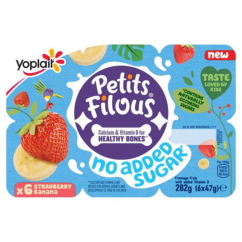 <b>Further Description</b><br/>Fromage Fraise<br/>
www.petitsfilous.co.uk<br/>
<br/>
A varied and balanced diet is important as part of a healthy lifestyle.<br/><br/><b>Nutritional Claims</b><br/>No Added Sugar<br/><br/><b>Features</b><br/>No Added Sugar - contains naturally occuring sugars<br/>Goodness Guarantee<br/>No Fruit Bits<br/>Naturally Sourced Ingredients<br/>No Artificial Colours & Flavourings<br/>No Added Preservatives<br/>Suitable for Vegetarians<br/><br/><b>Lifestyle</b><br/>No Added Sugar<br/>Suitable for Vegetarians<br/><br/><b>Pack Size</b><br/>47g ℮<br/><br/><br/><b>Ingredients</b><br/>Fromage Frais (Pasteurised Semi-Skimmed <span style='font-weight: bold;'>Milk</span> 80.3%, Cream (<span style='font-weight: bold;'>Milk</span>), Skimmed <span style='font-weight: bold;'>Milk</span> Powder, Lactic Cultures (<span style='font-weight: bold;'>Milk</span>))<br/>Fruits 10% (Strawberry 5%, Banana 5%)<br/>Carrot Juice<br/>Maize Starch<br/>Natural Flavourings<br/>Concentrated Lemon Juice<br/>Lemon Juice<br/><span style='font-weight: bold;'><span style='font-weight: bold;'>Milk</span></span> Mineral Concentrate<br/>Vitamin D<br/><br/><b>Allergy Advice</b><br/>For allergens: see ingredients in <span style='font-weight: bold;'>bold</span><br/><br/><br/><b>Number of Units</b><br/>6<br/><br/><b>Storage Type</b><br/>Chilled<br/><br/><b>Storage and Usage Statements</b><br/>Keep Refrigerated<br/><br/><b>Storage</b><br/>Keep Refrigerated 2-5°C<br/>
For use by data, see lid<br/><br/><b>Storage Conditions</b><br/>Min Temp °C 2<br/>Max Temp °C 5<br/><br/><b>Company Name</b><br/>Yoplait UK Ltd / Yoplait Ireland Ltd.<br/><br/><b>Company Address</b><br/>UK: Yoplait UK Ltd,<br/>
PO Box 1128,<br/>
Uxbridge,<br/>
UB8 9XU.<br/>
<br/>
IRL: Yoplait Ireland Ltd.,<br/>
Unit 16A,<br/>
Fonthill Industrial Park,<br/>
Clondalkin,<br/>
Dublin 22,<br/>
Ireland.<br/><br/><b>Telephone Helpline</b><br/>UK 0800 358 0401<br/>IRL 1890 81 89 88<br/><br/><b>Web Address</b><br/>www.petitsfilous.co.uk<br/><br/><b>Return To</b><br/>UK: Yoplait UK Ltd,<br/>
PO Box 1128,<br/>
Uxbridge,<br/>
UB8 9XU.<br/>
<br/>
IRL: Yoplait Ireland Ltd.,<br/>
Unit 16A,<br/>
Fonthill Industrial Park,<br/>
Clondalkin,<br/>
Dublin 22,<br/>
Ireland.<br/>
Consumer careline:<br/>
UK 0800 358 0401<br/>
IRL 1890 81 89 88<br/>
www.petitsfilous.co.uk<br/>
