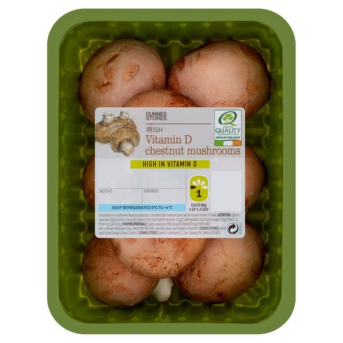<b>Nutritional Claims</b><br/>High in Vitamin D<br/><br/><b>Features</b><br/>High in Vitamin D<br/>Each 80g 1 of 5 A Day<br/><br/><b>Pack Size</b><br/>300g ℮<br/><br/><b>Storage Type</b><br/>Chilled<br/><br/><b>Storage and Usage Statements</b><br/>Keep Refrigerated<br/><br/><b>Storage</b><br/>Keep refrigerated 0°C to +4°C<br/><br/><b>Storage Conditions</b><br/>Min Temp °C 0<br/>Max Temp °C 4<br/><br/><b>Preparation and Usage</b><br/>Wash before use.<br/><br/>Country of Origin - Ireland<br/>Packed In - Ireland<br/><br/><b>Origin</b><br/>Specially grown and packed in Ireland<br/><br/><b>Company Name</b><br/>Dunnes Stores<br/><br/><b>Company Address</b><br/>46-50 South Great George's Street,<br/>
Dublin 2.<br/>
<br/>
Store 3,<br/>
Forestside S.C.,<br/>
Upr. Galwally Rd.,<br/>
Belfast,<br/>
BT8 6FX.<br/><br/><b>Return To</b><br/>Dunnes Stores,<br/>
46-50 South Great George's Street,<br/>
Dublin 2.<br/>
<br/>
Dunnes Stores,<br/>
Store 3,<br/>
Forestside S.C.,<br/>
Upr. Galwally Rd.,<br/>
Belfast,<br/>
BT8 6FX.<br/>