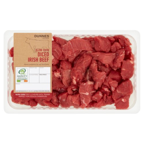 Fresh Irish Diced Beef<br/><br/><b>Further Description</b><br/>DNA traceback®<br/>
...right back to the animals<br/><br/><b>Nutritional Claims</b><br/>High in Protein<br/><br/><b>Features</b><br/>Hand prepared by our butchers<br/>Perfect for stews & casseroles<br/>High in Protein<br/>Slow cook for 1 1/2-2 hours until tender<br/><br/><b>Pack Size</b><br/>0.580kg ℮<br/><br/><b>Safety Warning</b><br/>CAUTION: This product is raw and must be cooked. Whilst every effort has been made to remove all bones, some may remain.<br/>
FOOD SAFETY TIP: Keep raw meat separate from ready to eat or cooked foods. Wash all surfaces, utensils and hands after preparing raw meat.<br/><br/><b>Storage Type</b><br/>Chilled<br/><br/><b>Storage and Usage Statements</b><br/>Suitable for Home Freezing<br/>Keep Refrigerated<br/><br/><b>Storage</b><br/>Keep Refrigerated 0°C to +4°C. Suitable for Home Freezing. Consume within 24 hours of opening and by 'use by' date. For 'use by' date and weight, see top of pack. Suitable for home freezing. If freezing, freeze on the day of purchase and consume within 1 month. Defrost thoroughly in refrigerator before cooking and use within 24 hours. Once thawed do not refreeze.<br/><br/><b>Storage Conditions</b><br/>Min Temp °C 0<br/>Max Temp °C 4<br/><br/><b>Cooking Guidelines</b><br/>Cooking Instructions - General - Cooking times will vary with appliances, the following are guidelines only. Remove all packaging. Drizzle with a little oil and season with salt and freshly ground black pepper.<br/>
Do not reheat.<br/>Hob - From Chilled - Preheat a pan over High heat. Add the meat and brown for 2 minutes to seal in the flavour and juices. Reduce the heat to Medium, add some root vegetables and enough stock to cover the meat. Cover and bring to the boil. Simmer on the hob for time indicated or until meat is tender and can be broken up with a fork or spoon.<br/>Oven cook - From Chilled - 170°C, Fan 150°C, Gas 4, 1 1/2-2 hours<br/>
Preheat oven. Pan fry the meat in a hot pan for 2 minutes to seal in the flavour and juices. Transfer the meat to a casserole dish, add some root vegetables and enough stock to cover the meat. Cover with a lid, place on the middle shelf of the oven and cook for time indicated or until meat is tender and can be broken up with a fork or spoon.<br/><br/>Country of Origin - Ireland<br/><br/><b>Company Name</b><br/>Dunnes Stores<br/><br/><b>Company Address</b><br/>46-50 South Great George's Street,<br/>
Dublin 2.<br/>
<br/>
Store 3,<br/>
Forestside S.C.,<br/>
Upr. Galwally Rd.,<br/>
Belfast,<br/>
BT8 6FX.<br/><br/><b>Durability after Opening</b><br/>Consume Within - Hours - 24<br/><br/><b>Return To</b><br/>Dunnes Stores,<br/>
46-50 South Great George's Street,<br/>
Dublin 2.<br/>
<br/>
Dunnes Stores,<br/>
Store 3,<br/>
Forestside S.C.,<br/>
Upr. Galwally Rd.,<br/>
Belfast,<br/>
BT8 6FX.<br/>