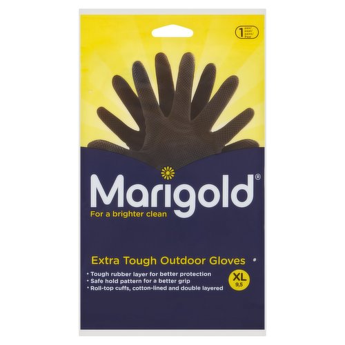 <b>Features</b><br/>Tough rubber laver for better protection<br/>Safe hold pattern for a better grip<br/>Roll-top cuffs, cotton-lined and double layered<br/><br/><b>Safety Warning</b><br/>This product contains natural rubber latex which may cause allergic reactions. Rinse gloves after use.<br/>
Retain this packaging for future reference. Not for use with dangerous chemicals. If using gloves with oil based detergents, ensure your gloves are thoroughly rinsed and dried before storage. Alternatively opt for a nitrile glove such as Marigold Sensitive to prolong the life of your gloves.<br/><br/><b>Storage Type</b><br/>Ambient<br/><br/><b>Storage</b><br/>Store dry and avoid direct sunlight.<br/><br/>Country of Origin - Malaysia<br/><br/><b>Origin</b><br/>Made in Malaysia<br/><br/><b>Company Name</b><br/>FHP LP<br/><br/><b>Company Address</b><br/>OL16 2AX,<br/>
UK.<br/><br/><b>Telephone Helpline</b><br/>0345 769 7356<br/><br/><b>Web Address</b><br/>www.marigold.co.uk<br/><br/><b>Return To</b><br/>Our Promise<br/>
We've worked hard to make our products truly special. So, if, for any reason, they don't get you singing as you work, send them back to us.<br/>
www.marigold.co.uk<br/>
FHP LP,<br/>
OL16 2AX,<br/>
UK.<br/>
Customer care line: 0345 769 7356<br/><br/>