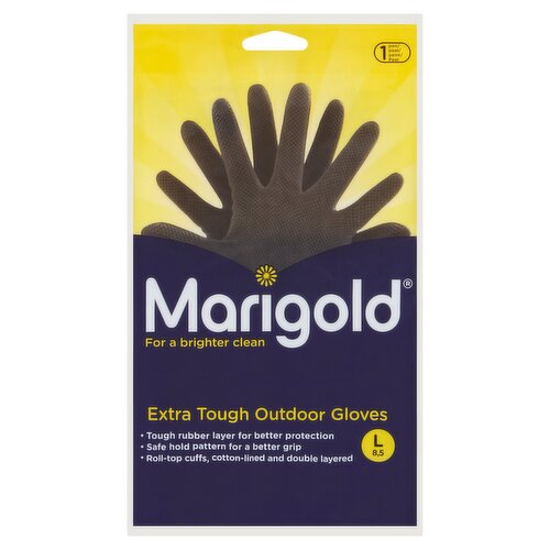 <b>Features</b><br/>Tough rubber layer for better protection<br/>Safe hold pattern for a better grip<br/>Roll-top cuffs, cotton-lined and double layered<br/><br/><b>Safety Warning</b><br/>This product contains natural rubber latex which may cause allergic reactions. Rinse gloves after use.<br/>
Not for use with dangerous chemicals. If using gloves with oil based detergents, ensure your gloves are thoroughly rinsed and dried before storage. Alternatively opt for a nitrile glove such as Marigold Sensitive to prolong the life of your gloves.<br/><br/><b>Storage Type</b><br/>Ambient<br/><br/><b>Storage</b><br/>Store dry and avoid direct sunlight.<br/><br/><b>Preparation and Usage</b><br/>Retain this packaging for future reference.<br/><br/>Country of Origin - Malaysia<br/><br/><b>Origin</b><br/>Made in Malaysia<br/><br/><b>Company Name</b><br/>FHP LP<br/><br/><b>Company Address</b><br/>OL16 2AX,<br/>
UK.<br/><br/><b>Telephone Helpline</b><br/>0345 769 7356<br/><br/><b>Web Address</b><br/>www.marigold.co.uk<br/><br/><b>Return To</b><br/>Our Promise<br/>
We've worked hard to make our products truly special. So, if, for any reason, they don't get you singing as you work, send them back to us.<br/>
www.marigold.co.uk<br/>
FHP LP,<br/>
OL16 2AX,<br/>
UK.<br/>
Customer care line: 0345 769 7356<br/><br/>