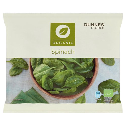Quick Frozen Organic Spinach Portions<br/><br/><b>Features</b><br/>Organic<br/>Suitable for Vegans<br/><br/><b>Lifestyle</b><br/>Organic<br/>Suitable for Vegans<br/><br/><b>Pack Size</b><br/>450g ℮<br/><br/><b>Usage Other Text</b><br/>Number of Servings per Pack: 5 Approx.<br/><br/><b>Usage Count</b><br/>Number of uses - Servings - 5<br/><br/><br/><b>Ingredients</b><br/>Organic Spinach (100%)<br/><br/><b>Storage Type</b><br/>Frozen<br/><br/><b>Storage and Usage Statements</b><br/>Keep Frozen<br/><br/><b>Storage</b><br/>Keep Frozen -18ºC or colder.<br/>
- Keep frozen and use within the following periods.<br/>
Ice making compartment: 3 days<br/>
Star marked frozen food compartments:<br/>
*1 week<br/>
**1 month<br/>
*** until 'best before' date<br/>
**** until 'best before' date<br/>
- Do not refreeze after defrosting.<br/><br/><b>Storage Conditions</b><br/>Max Temp °C -18<br/><br/><b>Cooking Guidelines</b><br/>Cooking Instructions - General - Cooking times will vary with appliances, the following are guidelines only. Remove all packaging. For best results always cook from frozen.<br/>
Always Check the Product is Piping Hot Throughout Before Serving.<br/>
Do Not Reheat Once Cooked.<br/>Hob - From Frozen - 4-6 mins.<br/>
Place spinach in a saucepan with some tablespoon water on a medium heat and simmer for time shown. Stir and serve.<br/>Microwave - From Frozen - 650W 5-7 mins., 750W 4-6 mins., 850W 3-5 min.<br/>
Place 160g of spinach onto a microwaveable plate and cook for time indicated, stirring half way through cooking.<br/>
Allow to stand for 1 minute. Stir and serve.<br/><br/>Packed In - Belgium<br/><br/><b>Origin</b><br/>Packed in Belgium<br/><br/><b>Company Name</b><br/>Dunnes Stores<br/><br/><b>Company Address</b><br/>46-50 South Great George's Street,<br/>
Dublin 2.<br/>
<br/>
Store 3,<br/>
Forestside S.C.,<br/>
Upr. Galwally Rd.,<br/>
Belfast,<br/>
BT8 6FX.<br/><br/><b>Return To</b><br/>Quality Guarantee<br/>
Dunnes Stores is a brand of quality and better value since 1944. If you try and are not entirely satisfied with this Dunnes Stores product, please return the item with the original packaging and receipt to the store and we will be happy to replace or refund it for you. This does not affect your statutory rights.<br/>
Dunnes Stores,<br/>
46-50 South Great George's Street,<br/>
Dublin 2.<br/>
<br/>
Dunnes Stores,<br/>
Store 3,<br/>
Forestside S.C.,<br/>
Upr. Galwally Rd.,<br/>
Belfast,<br/>
BT8 6FX.<br/>