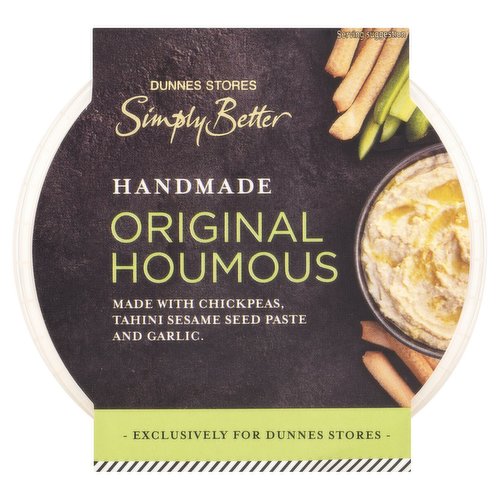 Chickpea dip made with tahini sesame seed paste, extra virgin olive oil and garlic<br/><br/><b>Features</b><br/>Made with Chickpeas, Tahini Sesame Seed Paste and Garlic<br/><br/><b>Pack Size</b><br/>175g ℮<br/><br/><br/><b>Ingredients</b><br/>Chickpeas (69%)<br/>Lemon Juice<br/><span style='font-weight: bold;'>Sesame Seed</span> Paste (6%)<br/>Extra Virgin Olive Oil<br/>Garlic (2%)<br/>Salt<br/><br/><b>Allergy Advice</b><br/>For allergens, see ingredients in bold.<br/><br/><br/><b>Allergy Text</b><br/>May also contain Nuts.<br/><br/><br/><b>Storage Type</b><br/>Chilled<br/><br/><b>Storage and Usage Statements</b><br/>Keep Refrigerated<br/><br/><b>Storage</b><br/>Keep refrigerated 0°C to +4°C.<br/>
- Consume within 3 days of opening and by 'use by' date.<br/>
- For 'use by' date, see side of sleeve.<br/><br/><b>Storage Conditions</b><br/>Max Temp °C 4<br/><br/><b>Origin</b><br/>Packed in Co. Cork<br/><br/><b>Company Name</b><br/>DUNNES STORES<br/><br/><b>Company Address</b><br/>46-50 South Great George's Street,<br/>
Dublin 2.<br/>
<br/>
Store 3,<br/>
Forestside S.C.,<br/>
Upr. Galwally Rd.,<br/>
Belfast,<br/>
BT8 6FX.<br/><br/><b>Durability after Opening</b><br/>Consume Within - Days - 3<br/><br/><b>Return To</b><br/>DUNNES STORES,<br/>
46-50 South Great George's Street,<br/>
Dublin 2.<br/>
<br/>
DUNNES STORES,<br/>
Store 3,<br/>
Forestside S.C.,<br/>
Upr. Galwally Rd.,<br/>
Belfast,<br/>
BT8 6FX.<br/>