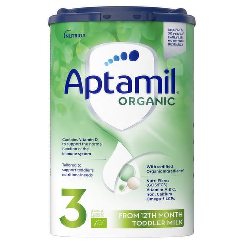 Organic Follow On Milk<br/><br/><b>Further Description</b><br/>For information on Halal, visit our website.<br/><br/><b>Features</b><br/>Contains vitamin D to support the normal function of the immune system<br/>Inspired by 50 years of early life nutrition research<br/>Tailored to support toddler's nutritional needs<br/>Nutri fibres (GOS:FOS)<br/>Vitamins A & C, iron, calcium<br/>Omega-3 LCPs<br/>Palm Oil Free Oil Blend<br/><br/><b>Pack Size</b><br/>800g ℮<br/><br/><b>Recycling Info</b><br/>Pack - Recycle<br/><br/><br/><b>Ingredients</b><br/>Organic Skimmed <span style='font-weight: bold;'>Milk</span><br/>Organic Lactose (from <span style='font-weight: bold;'>Milk</span>)<br/>Organic Vegetable Oils (High Oleic Sunflower Oil, Coconut Oil, Rapeseed Oil, Sunflower Oil)<br/>Organic Maltodextrin<br/>Organic Galacto-Oligosaccharides (GOS) (from <span style='font-weight: bold;'>Milk</span>)<br/>Organic Demineralised Whey (from <span style='font-weight: bold;'>Milk</span>)<br/>Emulsifier (Organic <span style='font-weight: bold;'>Soy</span> Lecithin)<br/>Organic Fructo-Oligosaccharides (FOS)<br/>Calcium Phosphate<br/><span style='font-weight: bold;'>Fish</span> Oil<br/>Organic <span style='font-weight: bold;'>Milk</span> Protein<br/>Potassium Citrate<br/>Magnesium Chloride<br/>Sodium Chloride<br/>Vitamin C<br/>Potassium Hydroxide<br/>Ferrous Sulphate<br/>Calcium Carbonate<br/>Potassium Chloride<br/>L-Tryptophan<br/>Vitamin E<br/>Zinc Sulphate<br/>Nicotinamide<br/>Pantothenic Acid<br/>Copper Sulphate<br/>Vitamin A<br/>Thiamin<br/>Vitamin B₆<br/>Folic Acid<br/>Potassium Iodide<br/>Sodium Selenite<br/>Manganese Sulphate<br/>Vitamin K₁<br/>Vitamin D₃<br/>Biotin<br/>Vitamin B₁₂<br/><br/><b>Allergy Advice</b><br/>For allergens, see ingredients in <span style='font-weight: bold;'>bold</span>.<br/><br/><br/><b>Safety Warning</b><br/>IMPORTANT: Always use the scoop provided, please note the colour of the scoop in this pack may change from time to time.<br/>
<br/>
This product is made to strict hygiene standards but because powder formula milks are not sterile, failure to follow instructions on preparation and storage may make your toddler ill.<br/>
<br/>
Important notice<br/>
Breastfeeding is best. Aptamil® Organic Toddler Milk is only for children from the 12th month, as part of a varied, balanced diet. It should not be used as a breastmilk substitute before 6 months. The decision to start weaning including the use of this product before 6 months should be made only on the advice of a doctor, dietitian, pharmacist, or other professional responsible for maternal and child care, based on child's individual needs.<br/>
Do not allow prolonged or frequent contact of drinks with your child's teeth as this increases the risk of tooth decay. Ask your healthcare professional or dentist for advice.<br/><br/><b>Storage Type</b><br/>Ambient<br/><br/><b>Storage</b><br/>Store powder in a cool, dry place.<br/>
Do not refrigerate.<br/>
Use powder within 4 weeks of opening.<br/>
Best before: see above<br/><br/><b>Preparation and Usage</b><br/>Preparing Your Toddler's Drink<br/>
1 beaker: No. of level scoops per drink (1 scoop = 4.6g): 5; Quantity of water per drink: 150ml, 5fl oz<br/>
We recommend giving your toddler about 2 x 150ml beakers of Aptamil® Organic Toddler Milk a day, as part of a varied, balanced diet. Aptamil® Organic Toddler Milk is specially formulated to help meet the increased nutritional needs of toddlers from the 12th month.<br/>
<br/>
1 Water: Measure 150ml of 5fl.oz of boiled, cooled water into a clean beaker.<br/>
2 Powder: Using the scoop provided, add 5 levelled scoops of powder into the beaker. Do not press/heap the powder.<br/>
3 Shake: Place the clean lid on the beaker and shake straight away. For best results, shake vertically and vigorously for at least 10 seconds, until all of the powder is dissolved.<br/>
4 Check temperature and drink immediately.<br/>
<br/>
Important Feeding Advice<br/>
Make up each drink as required.<br/>
For hygiene reasons, do not store made up drinks, discard unfinished drinks as soon as possible, and always within 2 hours.<br/>
Do not heat drinks in a microwave, hot spots may occur and cause scalding.<br/>
Never add extra scoops or anything else to your toddler's drink.<br/>
Toddler should be supervised at all times when feeding.<br/><br/>Country of Origin - Produce of the EU<br/><br/><b>Origin</b><br/>Manufactured in the E.U.<br/><br/><b>Company Name</b><br/>Nutricia Ltd / Nutricia Ireland Ltd<br/><br/><b>Company Address</b><br/>Nutricia Ltd,<br/>
White Horse Business Park,<br/>
Trowbridge,<br/>
Wiltshire,<br/>
BA14 0XQ.<br/>
<br/>
Nutricia Ireland Ltd,<br/>
Block 1,<br/>
Deansgrange Business Park,<br/>
Deansgrange,<br/>
Co. Dublin.<br/><br/><b>Durability after Opening</b><br/>Consume Within - Weeks - 4<br/><br/><b>Telephone Helpline</b><br/>UK: 0800 996 1000<br/>ROI: 1 800 22 12 34<br/><br/><b>Web Address</b><br/>www.aptaclub.co.uk<br/>www.aptaclub.ie<br/><br/><b>Return To</b><br/>Quality guarantee<br/>
This product should reach you in perfect condition. If it is not satisfactory, please contact us. This guarantee does not affect your statutory rights.<br/>
Our Experts are Here for You<br/>
To listen and give you personalised advice and support on feeding and parenting. Our team of baby feeding advisors can offer support and advice<br/>
UK: 0800 996 1000 (8:00-20:00 Monday-Friday)<br/>
Visit www.aptaclub.co.uk<br/>
Nutricia Ltd,<br/>
White Horse Business Park,<br/>
Trowbridge,<br/>
Wiltshire,<br/>
BA14 0XQ.<br/>
<br/>
ROI: 1 800 22 12 34 (8:30-17:30 Monday-Friday)<br/>
www.aptaclub.ie<br/>
ask@aptaclub.ie<br/>
Nutricia Ireland Ltd,<br/>
Block 1,<br/>
Deansgrange Business Park,<br/>
Deansgrange,<br/>
Co. Dublin.<br/>