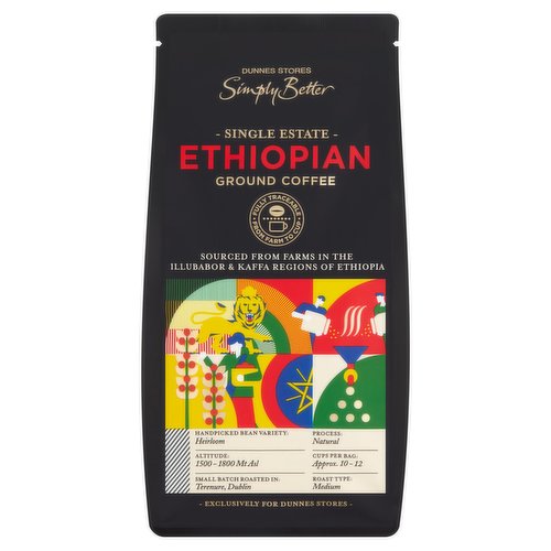Roast & Ground Single Estate Ethiopian Coffee<br/><br/><b>Features</b><br/>Fully Traceable from Farm to Cup<br/>Sourced from Farms in the Illubabor & Kaffa Regions of Ethiopia<br/><br/><b>Pack Size</b><br/>200g ℮<br/><br/><br/><b>Ingredients</b><br/>Arabica Coffee (100%)<br/><br/><b>Storage Type</b><br/>Ambient<br/><br/><b>Storage</b><br/>- Store in a cool dry place.<br/>
- Once opened, seal the bag and consume within 3 months for best quality.<br/><br/><b>Preparation and Usage</b><br/>Your Ground Coffee Can Be Brewed in the Following Ways:<br/>
Cafetière<br/>
- Heat the cafetière with hot tap water and let sit for one minute before emptying.<br/>
- Add one dessert spoon of coffee per cup into the cafetière.<br/>
- Pour in water just off the boil and stir well.<br/>
- Leave to stand for three minutes before plunging.<br/>
<br/>
Filter Machine<br/>
- Fill water tank with cold fresh water.<br/>
- Place filter paper in filter holder.<br/>
- Use one dessert spoon of coffee per cup.<br/>
- Place the jug onto the base.<br/>
<br/>
Stove Top Pot<br/>
- Unscrew top chamber and separate the filter basket from the base.<br/>
- Fill the base with water to just below the safety valve.<br/>
- Fill the filter basket with coffee, level coffee off with your finger.<br/>
- Place filter basket into the base, screw the top chamber back on.<br/>
- Place stove top on heat.<br/>
- Once you hear a hissing sound and the top chamber is full, remove the pot and serve.<br/>
Always follow equipment manufacturers instructions.<br/><br/><b>Origin</b><br/>Packed in Co. Dublin<br/><br/><b>Company Name</b><br/>Dunnes Stores<br/><br/><b>Company Address</b><br/>46-50 South Great George's Street,<br/>
Dublin 2.<br/>
<br/>
Store 3,<br/>
Forestside S.C.,<br/>
Upr. Galwally Rd.,<br/>
Belfast,<br/>
BT8 6FX.<br/><br/><b>Return To</b><br/>Packed for:<br/>
Dunnes Stores,<br/>
46-50 South Great George's Street,<br/>
Dublin 2.<br/>
<br/>
Dunnes Stores,<br/>
Store 3,<br/>
Forestside S.C.,<br/>
Upr. Galwally Rd.,<br/>
Belfast,<br/>
BT8 6FX.<br/><br/>