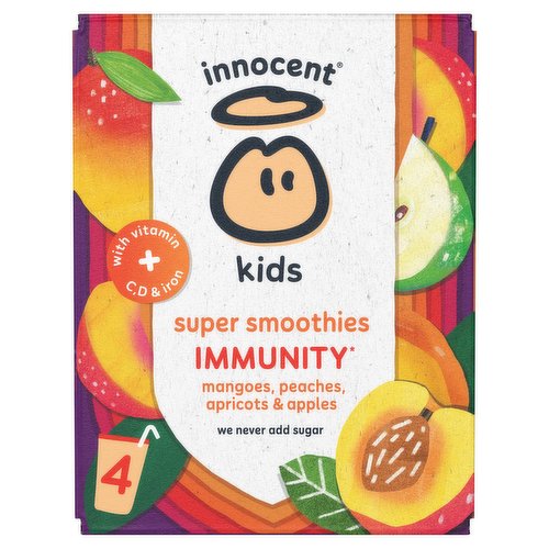This innocent super smoothie is a blend of crushed fruit, pure fruit juices, vegetables and vitamin C, with added vitamin D and iron and absolute nothing else.<br/><br/><b>Further Description</b><br/>Keep refrigerated (0-8°C). For best before date, see back of pack. Once opened, drink straight away.<br/><br/><b>Nutritional Claims</b><br/>We never add sugar<br/>Source of vitamin C, D & iron<br/>Source of fibre<br/><br/><b>Features</b><br/>150ml perfect portion size for kids<br/>1 of your 5 a day<br/>Pasteurised<br/>We never add sugar<br/>Source of vitamin C, D & iron<br/>Source of fibre<br/>Suitable for vegans<br/><br/><b>Lifestyle</b><br/>No Sugar<br/>Suitable for Vegans<br/><br/><b>Pack Size</b><br/>150ml ℮<br/><br/><b>Usage Other Text</b><br/>4 servings in this pack<br/><br/><b>Usage Count</b><br/>Number of uses - Servings - 4<br/><br/><b>Recycling Info</b><br/>Pack - Recycle<br/><br/><br/><b>Ingredients</b><br/>1/3 of a Pressed Apple (28%)<br/>1/3 of a Pressed Carrot<br/>A Dash of Crushed Peach (16%)<br/>1/3 of a Squeezed Orange<br/>1/5 of a Crushed Mango (12%)<br/>1/5 of a Crushed Apricot (7%)<br/>A Dash of Mashed Banana**<br/>A Chunk of Crushed Pumpkin<br/>Some Vitamin D and Iron<br/>**Rainforest Alliance Certified<br/><br/><b>Number of Units</b><br/>4<br/><br/><b>Safety Warning</b><br/>Little ones should be supervised when drinking.<br/><br/><b>Storage Type</b><br/>Chilled<br/><br/><b>Storage and Usage Statements</b><br/>Keep Refrigerated<br/><br/><b>Storage</b><br/>Keep refrigerated (0-8°C) before and after opening. For best before date, see back of pack.<br/><br/><b>Storage Conditions</b><br/>Min Temp °C 0<br/>Max Temp °C 8<br/><br/><b>Preparation and Usage</b><br/>Shake before opening, not after.<br/>
Drink soon after opening.<br/>
<br/>
Top tip: hold your straw straight and at the bottom to push it in. When you're finished, pop it inside the carton and recycle the whole lot together.<br/><br/><b>Company Name</b><br/>Fruit Towers<br/><br/><b>Company Address</b><br/>342 Ladbroke Grove,<br/>
London,<br/>
W10 5BU.<br/>
<br/>
24 - 26 City Quay,<br/>
Dublin 2,<br/>
D02 NY19.<br/><br/><b>Telephone Helpline</b><br/>020 7993 3311 (UK)<br/>01 664 4100 (ROI)<br/><br/><b>Return To</b><br/>Fancy a chat?<br/>
Fruit Towers,<br/>
342 Ladbroke Grove,<br/>
London,<br/>
W10 5BU.<br/>
<br/>
24 - 26 City Quay,<br/>
Dublin 2,<br/>
D02 NY19.<br/>
Call the banana phone: 020 7993 3311 (UK) or 01 664 4100 (ROI).<br/>
Say hi: hello@innocentdrinks.com<br/>