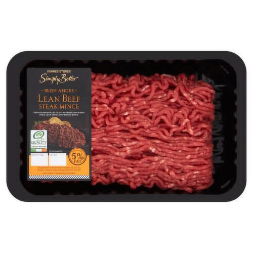 Fresh Irish Angus Lean Beef Steak Mince<br/><br/><b>Further Description</b><br/>DNA traceback®<br/>
...right back to the animals<br/><br/><b>Features</b><br/>Ground from Select Cuts of Irish Angus Beef for a Lean Flavoursome Mince<br/>Typically 5% Fat<br/><br/><b>Pack Size</b><br/>0.500g ℮<br/><br/><b>Recycling Info</b><br/>Film - Not Yet Recycled<br/>Label - loose - Widely Recycled<br/>Tray - Check Locally<br/><br/><b>Safety Warning</b><br/>CAUTION<br/>
Whilst every effort has been made to remove all bones, some may remain.<br/><br/><b>Storage Type</b><br/>Chilled<br/><br/><b>Storage and Usage Statements</b><br/>Suitable for Home Freezing<br/>Keep Refrigerated<br/><br/><b>Storage</b><br/>Keep Refrigerated 0°C to +4°C.<br/>
Consume within 24 hours of opening and by 'use by' date. For 'use by' date, see front of pack. Suitable for home freezing. If freezing, freeze on the day of purchase and consume within 1 month. Defrost thoroughly in refrigerator before cooking and use within 24 hours. Once thawed do not refreeze.<br/><br/><b>Storage Conditions</b><br/>Min Temp °C 0<br/>Max Temp °C 4<br/><br/><b>Cooking Guidelines</b><br/>Shallow Fry - From Chilled - Cooking times will vary with appliances, the following are guidelines only. Remove all packaging.<br/>
500g - 800g 8-10 mins, 800 - 1.1kg - 10-14 mins.<br/>
Preheat 5ml of oil in a pan over a Medium heat. Add mince, season and brown for time indicated until all juices run clear. Use as per your favourite recipe.<br/>
Ensure product is piping hot throughout.<br/>
Do not reheat.<br/><br/>Country of Origin - Ireland<br/><br/><b>Origin</b><br/>Produced in Co. Mayo and packed in Co. Dublin<br/><br/><b>Company Name</b><br/>Dunnes Stores<br/><br/><b>Company Address</b><br/>46-50 South Great George's Street,<br/>
Dublin 2.<br/>
<br/>
Store 3,<br/>
Forestside S.C.,<br/>
Upr. Galwally Rd.,<br/>
Belfast,<br/>
BT8 6FX.<br/><br/><b>Return To</b><br/>Dunnes Stores,<br/>
46-50 South Great George's Street,<br/>
Dublin 2.<br/>
<br/>
Dunnes Stores,<br/>
Store 3,<br/>
Forestside S.C.,<br/>
Upr. Galwally Rd.,<br/>
Belfast,<br/>
BT8 6FX.<br/>