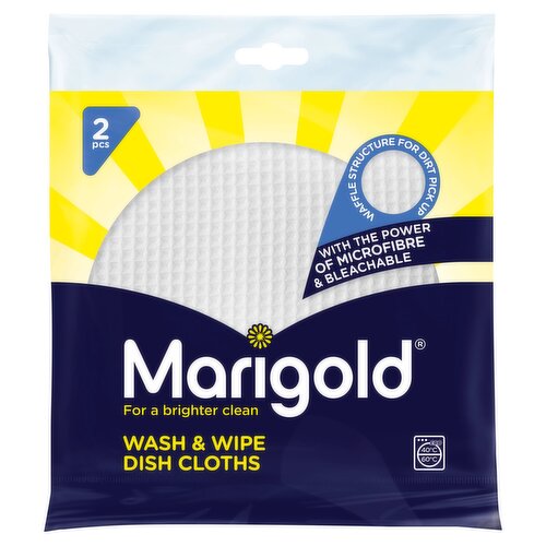 <b>Features</b><br/>For a brighter clean<br/>Waffle structure for dirt pick up<br/>With the power of microfibre & bleachable<br/><br/><br/><b>Ingredients</b><br/>80% polyester<br/>20% polyamide<br/><br/><b>Number of Units</b><br/>2<br/><br/><b>Storage Type</b><br/>Ambient<br/><br/><b>Preparation and Usage</b><br/>Tips & Tricks<br/>
Soak in bleach after each use to keep it clean & sparkling white.<br/>
<br/>
Rinse thoroughly before use. Wash with similar colours and dry unfolded. Do not use with softener or on hot surfaces.<br/><br/>Country of Origin - China<br/><br/><b>Origin</b><br/>Made in China<br/><br/><b>Company Name</b><br/>FHP LP<br/><br/><b>Company Address</b><br/>OL16 2AX,<br/>
UK.<br/><br/><b>Telephone Helpline</b><br/>0345 769 7356<br/><br/><b>Web Address</b><br/>www.marigold.co.uk<br/><br/><b>Return To</b><br/>Our Promise<br/>
We've worked hard to make our products truly special. So, if, for any reason, they don't get you singing as you work, send them back to us.<br/>
www.marigold.co.uk<br/>
FHP LP,<br/>
OL16 2AX,<br/>
UK.<br/>
Customer care line: 0345 769 7356<br/><br/>