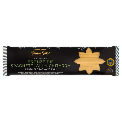 Durum Wheat Semolina Pasta<br/><br/><b>Features</b><br/>Suitable for Vegetarians<br/><br/><b>Lifestyle</b><br/>Suitable for Vegetarians<br/><br/><b>Pack Size</b><br/>500g ℮<br/><br/><b>Usage Other Text</b><br/>Number of Servings Per Pack: 6 Approx.<br/><br/><b>Usage Count</b><br/>Number of uses - Servings - 6<br/><br/><br/><b>Ingredients</b><br/>Italian Durum <span style='font-weight: bold;'>Wheat</span> Semolina<br/>Water<br/><br/><b>Allergy Advice</b><br/>For allergens, including Cereals containing Gluten, see ingredients in bold.<br/><br/><br/><b>Storage Type</b><br/>Ambient<br/><br/><b>Storage and Usage Statements</b><br/>Not Suitable for Home Freezing<br/><br/><b>Storage</b><br/>- Store in a cool dry place.<br/>
- Not suitable for home freezing<br/><br/><b>Cooking Guidelines</b><br/>Hob - From Ambient - Cooking times will vary with appliances, the following are guidelines only.<br/>
10-12 mins.<br/>
- Place in a saucepan with plenty of boiling water with a pinch of salt, return to the boil and simmer for time shown.<br/>
- Drain and serve with your favourite Simply Better Italian Pasta Sauce.<br/>
Do Not Reheat.<br/><br/><b>Origin</b><br/>Produced and Packed in Co. Via dei pastai 44 80054 Gragnano (NA), italy<br/><br/><b>Company Name</b><br/>Dunnes Stores<br/><br/><b>Company Address</b><br/>46-50 South Great George's Street,<br/>
Dublin 2.<br/>
<br/>
Store 3,<br/>
Forestside S.C.,<br/>
Upr. Galwally Rd.,<br/>
Belfast,<br/>
BT8 6FX.<br/><br/><b>Return To</b><br/>Our Quality Guarantee<br/>
If you are not satisfied with this product please return to store and we will be happy to replace or refund it for you. This does not affect your statutory rights.<br/>
Dunnes Stores,<br/>
46-50 South Great George's Street,<br/>
Dublin 2.<br/>
<br/>
Dunnes Stores,<br/>
Store 3,<br/>
Forestside S.C.,<br/>
Upr. Galwally Rd.,<br/>
Belfast,<br/>
BT8 6FX.<br/>