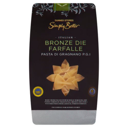 Durum Wheat Semolina Pasta<br/><br/><b>Features</b><br/>Suitable for Vegetarians<br/><br/><b>Lifestyle</b><br/>Suitable for Vegetarians<br/><br/><b>Pack Size</b><br/>500g ℮<br/><br/><b>Usage Other Text</b><br/>Number of Servings Per Pack: 6 Approx.<br/><br/><b>Usage Count</b><br/>Number of uses - Servings - 6<br/><br/><br/><b>Ingredients</b><br/>Italian Durum <span style='font-weight: bold;'>Wheat</span> Semolina<br/>Water<br/><br/><b>Allergy Advice</b><br/>For allergens, including Cereals containing Gluten, see ingredients in bold.<br/><br/><br/><b>Storage Type</b><br/>Ambient<br/><br/><b>Storage and Usage Statements</b><br/>Not Suitable for Home Freezing<br/><br/><b>Storage</b><br/>- Store in a cool dry place.<br/>
- Not suitable for home freezing.<br/><br/><b>Cooking Guidelines</b><br/>Hob - From Ambient - Cooking times will vary with appliances, the following are guidelines only. Remove all packaging.<br/>
10-12 mins. Place in a saucepan with plenty of boiling water with a pinch of salt, return to the boil and simmer for time shown. Drain and serve with your favourite Simply Better Italian Pasta Sauce.<br/>
Do Not Reheat.<br/><br/>Country of Origin - Italy<br/>Packed In - Italy<br/><br/><b>Origin</b><br/>Produced and packed in Co. Via dei pastai 44 80054 Gragnano (NA) Italy<br/><br/><b>Company Name</b><br/>Dunnes Stores<br/><br/><b>Company Address</b><br/>46-50 South Great George's Street,<br/>
Dublin 2.<br/>
<br/>
Store 3,<br/>
Forestside S.C.,<br/>
Upr. Galwally Rd.,<br/>
Belfast,<br/>
BT8 6FX.<br/><br/><b>Return To</b><br/>Dunnes Stores,<br/>
46-50 South Great George's Street,<br/>
Dublin 2.<br/>
<br/>
Dunnes Stores,<br/>
Store 3,<br/>
Forestside S.C.,<br/>
Upr. Galwally Rd.,<br/>
Belfast,<br/>
BT8 6FX.<br/>
Our Quality Guarantee<br/>
If you are not satisfied with this product please return to store and we will be happy to replace or refund it for you. This does not affect your statutory rights.<br/>