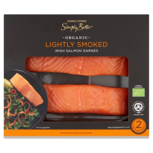 Lightly Smoked Organic Irish Skin On Salmon Darnes (Defrosted)<br/><br/><b>Nutritional Claims</b><br/>High in Protein<br/><br/><b>Features</b><br/>Organic<br/>High in Protein<br/>Responsibly Sourced<br/><br/><b>Lifestyle</b><br/>Organic<br/><br/><b>Pack Size</b><br/>220g ℮<br/><br/><b>Usage Other Text</b><br/>Number of Servings Per Pack: 2<br/><br/><b>Usage Count</b><br/>Number of uses - Servings - 2<br/><br/><b>Recycling Info</b><br/>Box - Card - Widely Recycled<br/>Film - Plastic - Not Currently Recycled<br/><br/><br/><b>Ingredients</b><br/>Organic Irish Salmon (<span style='font-weight: bold;'>Fish</span>) (98%)<br/>Salt<br/><br/><b>Allergy Advice</b><br/>For allergens, see ingredients in bold.<br/><br/><br/><b>Safety Warning</b><br/>CAUTION<br/>
- This product is raw and must be cooked.<br/>
- Whilst every effort has been made to remove all bones, some may remain.<br/><br/><b>Storage Type</b><br/>Chilled<br/><br/><b>Storage and Usage Statements</b><br/>Suitable for Home Freezing<br/>Keep Refrigerated<br/><br/><b>Storage</b><br/>Keep Refrigerated 0°C to +4°C.<br/>
- Consume within 24 hours of opening and by ‘use by' date.<br/>
- Suitable for home freezing.<br/>
- If freezing, freeze on the day of purchase and consume within 1 month. <br/>
- Defrost thoroughly in refrigerator before cooking and use within 24 hours.<br/>
- Once thawed do not refreeze.<br/>
- This product may have been previously frozen and defrosted to chill temperature under controlled conditions. Further freezing will not affect the quality.<br/><br/><b>Storage Conditions</b><br/>Min Temp °C 0<br/>Max Temp °C 4<br/><br/><b>Cooking Guidelines</b><br/>Cooking Instructions - General - Cooking times will vary with appliances, the following are guidelines only. Remove all packaging.<br/>
Ensure product is piping hot throughout.<br/>
Do not reheat.<br/>Oven cook - From Chilled - 200°C, Fan 180°C Gas 6 12-15 mins<br/>
Preheat oven. Wrap salmon in parchment paper or foil to lock in juices. Place skin side down on a baking tray on the middle shelf of the oven and cook for time indicated.<br/>Shallow Fry - From Chilled - 10-12 mins.<br/>
Preheat 10ml of oil in a pan over a Medium heat. Place the salmon skin side down in the pan and cook gently for time indicated, turning halfway through cooking.<br/><br/><b>Origin</b><br/>Certified Organic Salmon (Salmo salar) farmed in Ireland<br/>Packed in Co. Cork<br/><br/><b>Company Name</b><br/>Dunnes Stores<br/><br/><b>Company Address</b><br/>46-50 South Great George's Street,<br/>
Dublin 2.<br/>
<br/>
Store 3,<br/>
Forestside S.C.,<br/>
Upr. Galwally Rd.,<br/>
Belfast,<br/>
BT8 6FX.<br/><br/><b>Return To</b><br/>Dunnes Stores,<br/>
46-50 South Great George's Street,<br/>
Dublin 2.<br/>
<br/>
Dunnes Stores,<br/>
Store 3,<br/>
Forestside S.C.,<br/>
Upr. Galwally Rd.,<br/>
Belfast,<br/>
BT8 6FX.<br/>