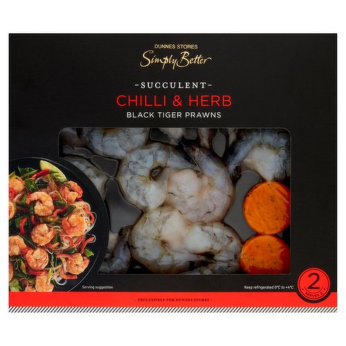 Defrosted, Shell Off Black Tiger Prawns with Chilli & Herb Irish Butter<br/><br/><b>Features</b><br/>Responsibly Sourced<br/><br/><b>Pack Size</b><br/>200g ℮<br/><br/><b>Usage Count</b><br/>Number of uses - Servings - 2<br/><br/><b>Recycling Info</b><br/>Box - Card - Widely Recycled<br/>Film - Plastic - Not Currently Recycled<br/><br/><br/><b>Ingredients</b><br/>Black Tiger Prawns (<span style='font-weight: bold;'>Crustacean</span>) (90%) [Salt, Preservatives: Triphosphates, Polyphosphates]<br/>Chilly & Herb Butter (10%) [Butter (Cream (<span style='font-weight: bold;'>Milk</span>), Salt), Spices (Chilli Powder, Paprika Powder), Garlic Granules, Herbs (Parsley)]<br/><br/><b>Allergy Advice</b><br/>For allergens, see ingredients in <span style='font-weight: bold;'>bold.</span><br/><br/><br/><b>Safety Warning</b><br/>CAUTION<br/>
This product is raw and must be cooked.<br/>
Whilst every effort has been made to remove all shell, some may remain.<br/>
FOOD SAFETY TIP: Wash all surfaces, utensils and hands after contact with raw seafood.<br/>
Keep all raw and cooked products separate.<br/><br/><b>Storage Type</b><br/>Chilled<br/><br/><b>Storage and Usage Statements</b><br/>Not Suitable for Home Freezing<br/>Keep Refrigerated<br/><br/><b>Storage</b><br/>Keep Refrigerated 0°C to +4°C. Consume within 24 hours of opening and by ‘use by' date. This product has been previously frozen and is not suitable for home freezing.<br/><br/><b>Storage Conditions</b><br/>Min Temp °C 0<br/>Max Temp °C 4<br/><br/><b>Cooking Guidelines</b><br/>Shallow Fry - From Chilled - Cooking times will vary with appliances, the following are guidelines only. Remove all packaging.<br/>
5-8 mins.<br/>
Pan Fry: Preheat 5ml of oil in a pan over a Medium heat. Place the prawns and one of the butter discs in the pan and cook gently for time indicated, turning occasionally. Add the second butter disc for the final 2 minutes of cooking.<br/>
Ensure Product is Piping Hot Throughout.<br/>
Do Not Reheat.<br/><br/><b>Origin</b><br/>Black Tiger Prawns (Penaeus Monodon) farmed in Vietnam<br/>Packed in Co. Cork<br/><br/><b>Company Name</b><br/>Dunnes Stores<br/><br/><b>Company Address</b><br/>46-50 South Great George's Street,<br/>
Dublin 2.<br/>
<br/>
Store 3,<br/>
Forestside S.C.,<br/>
Upr. Galwally Rd.,<br/>
Belfast,<br/>
BT8 6FX.<br/><br/><b>Return To</b><br/>Dunnes Stores Our Quality Guarantee<br/>
Dunnes Stores is a brand of quality and better value since 1944. If you try and are not entirely satisfied with this Dunnes Stores product, please return the item with the original packaging and receipt to the store and we will be happy to replace or refund it for you. This does not affect your statutory rights.<br/>
Dunnes Stores,<br/>
46-50 South Great George's Street,<br/>
Dublin 2.<br/>
<br/>
Dunnes Stores,<br/>
Store 3,<br/>
Forestside S.C.,<br/>
Upr. Galwally Rd.,<br/>
Belfast,<br/>
BT8 6FX.<br/>