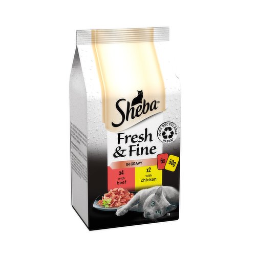 Sheba Fresh & Fine Wet Cat Food Pouches Beef & Chicken in Gravy 6 x 50g