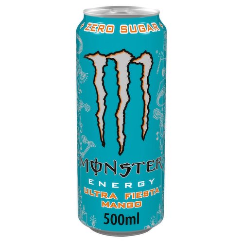 Carbonated Energy Drink with Taurine Ginseng, Caffeine, L-Carnitine and B Vitamins with Sweeteners.<br/><br/><b>Further Description</b><br/>Sleep later, cause tonight we're going to fiesta like there's no mañana!<br/>
Ultra Fiesta celebrates the nights that turn into mornings and the friends we now call familia.<br/>
Zero sugar Ultra Fiesta blends Juicy mango flavour into the Ultra we love finished-off with a full load of our Monster Energy blend.<br/>
!De nada!<br/>
Unleash the Ultra Beast!<br/><br/><b>Nutritional Claims</b><br/>Zero Sugar<br/><br/><b>Features</b><br/>Taurine + Zero Sugar + L-Carnitine<br/><br/><b>Lifestyle</b><br/>No Sugar<br/><br/><b>Pack Size</b><br/>500ml ℮<br/><br/><b>Recycling Info</b><br/>Pack - Recycle<br/>Can - Certified as Recyclable<br/><br/><br/><b>Ingredients</b><br/>Carbonated Water<br/>Acid (Citric Acid)<br/>Flavour Enhancer (Erythritol)<br/>Taurine (0.4%)<br/>Acidity Regulator (Sodium Citrates)<br/>Flavourings<br/>Panax Ginseng Root Extract (0.08%)<br/>Preservatives (Sorbic Acid, Benzoic Acid)<br/>Sweeteners (Sucralose, Acesulfame K)<br/>Caffeine (0.03%)<br/>Colours (Carotenes, Anthocyanins)<br/>L-Carnitine L-Tartrate (0.015%)<br/>Vitamins (B3, B5, B6, B12)<br/>Inositol<br/><br/><b>Safety Warning</b><br/>HIGH CAFFEINE CONTENT. NOT RECOMMENDED FOR CHILDREN, PREGNANT OR BREASTFEEDING WOMEN OR PEOPLE SENSITIVE TO CAFFEINE (30mg/100ml). CONSUME RESPONSIBLY.<br/><br/><b>Storage Type</b><br/>Ambient<br/><br/><b>Storage</b><br/>Store in a Cool Dry Place.<br/>
Best Before End - See Base of Can for Date.<br/><br/><b>Company Name</b><br/>Monster Energy UK Limited / Monster Energy Limited<br/><br/><b>Company Address</b><br/>(UK) Monster Energy UK Limited,<br/>
Unit 51,<br/>
Metropolitan Park,<br/>
Bristol Road,<br/>
Greenford,<br/>
UB6 8UP,<br/>
United Kingdom.<br/>
<br/>
(EU) Monster Energy Limited,<br/>
South Bank House,<br/>
Barrow Street,<br/>
Dublin 4,<br/>
Ireland.<br/><br/><b>Web Address</b><br/>monsterenergy.com<br/><br/><b>Return To</b><br/>(UK) Monster Energy UK Limited,<br/>
Unit 51,<br/>
Metropolitan Park,<br/>
Bristol Road,<br/>
Greenford,<br/>
UB6 8UP,<br/>
United Kingdom.<br/>
<br/>
(EU) Monster Energy Limited,<br/>
South Bank House,<br/>
Barrow Street,<br/>
Dublin 4,<br/>
Ireland.<br/>
monsterenergy.com<br/>