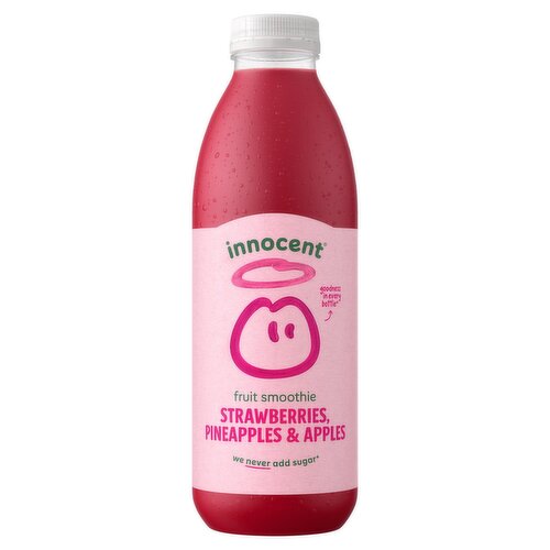 This innocent smoothie is a blend of crushed fruit, pure juices and sweet potato extract.<br/><br/><b>Further Description</b><br/>10% of our profits go to charity<br/>
innocentfoundation.org<br/>
<br/>
Enjoy as part of a healthy lifestyle and balanced diet. PS Eat your greens.<br/>
<br/>
Strawberries that Drink Less<br/>
A strawberry likes three things in life - sun, water and telling people it's a berry when it isn't. In Spain, where we grow our strawberries, sun is easy to get hold of but water is a bit trickier. So we've been working with our farmers to use as little water as possible. In 2019, we managed to save 500 million litres and are aiming to beat that this year. Next job, telling the world that strawberries are liars.<br/><br/><b>Nutritional Claims</b><br/>A source of vitamin C & fibre<br/>Never added sugar<br/><br/><b>Features</b><br/>The Naturally Good Smoothie<br/>Packed with Natural Goodness<br/>Responsibly sourced ingredients<br/>Pasteurised<br/>A source of vitamin C & fibre<br/>Never added sugar - contains naturally occurring sugars from fruit and vegetables<br/>Suitable for vegans<br/><br/><b>Lifestyle</b><br/>No Added Sugar<br/>Suitable for Vegans<br/><br/><b>Pack Size</b><br/>750ml ℮<br/><br/><b>Usage Other Text</b><br/>There are 5x 150ml servings per bottle.<br/><br/><b>Usage Count</b><br/>Number of uses - Servings - 5<br/><br/><br/><b>Ingredients</b><br/>3 1/2 Pressed Apples (55%)<br/>1 1/2 Mashed Bananas**<br/>6 Crushed Strawberries (8.8%)<br/>1/5 of a Pressed Pineapple (7.5%)<br/>3/4 of a Pressed White Carrot<br/>1 Crushed Passion Fruit<br/>A squeeze of Orange<br/>A splash of pressed Beetroot and a dash of Sweet Potato Extract<br/><br/><b>Storage Type</b><br/>Chilled<br/><br/><b>Storage and Usage Statements</b><br/>Keep Refrigerated<br/><br/><b>Storage</b><br/>Keep refrigerated (0-8°C). For best before date, see neck. Once opened, drink within 4 days.<br/><br/><b>Storage Conditions</b><br/>Min Temp °C 0<br/>Max Temp °C 8<br/><br/><b>Preparation and Usage</b><br/>Shake before opening, not after.<br/><br/><b>Company Name</b><br/>Fruit Towers<br/><br/><b>Company Address</b><br/>342 Ladbroke Grove,<br/>
London,<br/>
W10 5BU. <br/>
<br/>
Or<br/>
2 Ballsbridge Park,<br/>
Dublin 4.<br/><br/><b>Durability after Opening</b><br/>Consume Within - Days - 4<br/><br/><b>Telephone Helpline</b><br/>020 7993 3311 (UK)<br/>01 664 4100 (ROI)<br/><br/><b>Return To</b><br/>Fancy a chat?<br/>
Pop by:<br/>
Fruit Towers,<br/>
342 Ladbroke Grove,<br/>
London,<br/>
W10 5BU. <br/>
<br/>
Or<br/>
2 Ballsbridge Park,<br/>
Dublin 4.<br/>
Call the banana phone: 020 7993 3311 (UK) or 01 664 4100 (ROI)<br/>
Say hi: hello@innocentdrinks.com<br/>