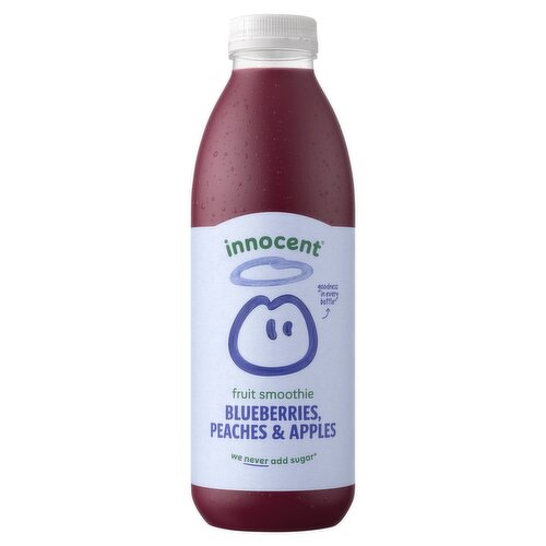 This innocent smoothie is a blend of crushed fruit, pure juices and spirulina extract.<br/><br/><b>Further Description</b><br/>Certified B Corporation - Being a B Corp means we believe in using business as a force for good. For more information head to www.innocentdrinks.co.uk/a-bit-about-us/bcorp<br/><br/><b>Nutritional Claims</b><br/>Never added sugar<br/>A source of vitamin C & fibre<br/><br/><b>Features</b><br/>Never added sugar - contains naturally occurring sugars from fruit and vegetables<br/><br/><b>Lifestyle</b><br/>No Added Sugar<br/>Suitable for Vegans<br/><br/><b>Pack Size</b><br/>750ml ℮<br/><br/><b>Usage Other Text</b><br/>There are 5x 150ml servings per bottle<br/><br/><b>Usage Count</b><br/>Number of uses - Servings - 5<br/><br/><br/><b>Ingredients</b><br/>3 1/2 Pressed Apples (62%)<br/>1 1/2 Mashed Bananas**<br/>1/2 a Crushed Pear<br/>1/4 of a Crushed Peach (5.4%)<br/>64 Crushed Blueberries (4.5%)<br/>39 Crushed Blackcurrants<br/>3 Crushed Sour Cherries<br/>A splash of Beetroot Juice and a dash of Spirulina Extract<br/><br/><b>Storage Type</b><br/>Chilled<br/><br/><b>Storage and Usage Statements</b><br/>Keep Refrigerated<br/><br/><b>Storage</b><br/>Keep refrigerated (0-8°C). For best before date, see neck. Once opened, drink within 4 days.<br/><br/><b>Storage Conditions</b><br/>Min Temp °C 0<br/>Max Temp °C 8<br/><br/><b>Preparation and Usage</b><br/>Shake before opening, not after.<br/><br/><b>Company Name</b><br/>Fruit Towers<br/><br/><b>Company Address</b><br/>342 Ladbroke Grove,<br/>
London,<br/>
W10 5BU.<br/>
<br/><br/><b>Durability after Opening</b><br/>Consume Within - Days - 4<br/><br/><b>Telephone Helpline</b><br/>020 7993 3311 (UK)<br/><br/><b>Web Address</b><br/>www.innocentdrinks.co.uk<br/><br/><b>Return To</b><br/>Fruit Towers,<br/>
342 Ladbroke Grove,<br/>
London,<br/>
W10 5BU.<br/>