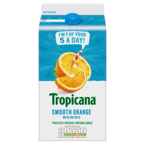 Smooth Orange Juice<br/><br/><b>Further Description</b><br/>Enjoy Tropicana as part of a varied and balanced diet and healthy lifestyle.<br/><br/><b>Nutritional Claims</b><br/>No Added Sugar<br/><br/><b>Features</b><br/>Perfectly Pressed, Nothing Added<br/>Tropicana is Juiced from the Best Quality Fruits<br/>1 of your 5 a day per 150ml<br/>Not from Concentrate<br/>As with all fruit juices this product contains no added sugar<br/>Suitable for Vegans<br/><br/><b>Lifestyle</b><br/>No Added Sugar<br/>Suitable for Vegans<br/><br/><b>Pack Size</b><br/>1.35L ℮<br/><br/><b>Usage Other Text</b><br/>1 serving = 150ml. This pack contains 9 servings<br/><br/><b>Usage Count</b><br/>Number of uses - Servings - 9<br/><br/><br/><b>Ingredients</b><br/>Orange Juice<br/><br/><b>Storage Type</b><br/>Ambient<br/><br/><b>Storage</b><br/>Always store in your refrigerator.<br/>
For best before date please see top of carton.<br/><br/><b>Preparation and Usage</b><br/>Shake well before serving and use within 5 days of opening.<br/><br/><b>Company Name</b><br/>Tropicana Brands Group<br/><br/><b>Company Address</b><br/>Tropicana Brands Group<br/>
PO Box 3270<br/>
READING<br/>
RG1 9PE<br/><br/><b>Durability after Opening</b><br/>Consume Within - Days - 5<br/><br/><b>Telephone Helpline</b><br/>UK +44 0800 111 4555<br/><br/><b>Return To</b><br/>Tropicana Brands Group<br/>
PO Box 3270<br/>
READING<br/>
RG1 9PE<br/>