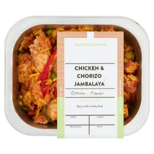 Chicken & Chorizo Jambalaya<br/><br/><b>Features</b><br/>Spicy with a lively kick<br/>Handmade by Our Chefs<br/>B&G Market Deli<br/><br/><b>Pack Size</b><br/>300g ℮<br/><br/><b>Recycling Info</b><br/>Tray - Recyclable<br/><br/><br/><b>Ingredients</b><br/>Pilau Rice [Water, Long Grain Rice, Sunflower Oil, Sea Salt, Turmeric, Curry Powder (Coriander, Turmeric, Fenugreek, Cayenne Pepper, Cumin, Fennel, Black Pepper)]<br/>Chicken (21%)<br/>Tomato & Pepper Sauce [Chopped Tomatoes (Tomatoes, Tomato Juice, Salt, Acidity Regulator: Citric Acid), Onion, Red Peppers, Yellow Pepper, Tomato Purée (Tomatoes, Salt), Olive Oil, Garlic, Sea Salt, Cracked Black Pepper]<br/>Chorizo (8%) [Pork, Water, Salt, Smoked Paprika, <span style='font-weight: bold;'>Milk</span> Powder, Dextrose, Garlic Paste, Antioxidant: Sodium Ascorbate: Preservative: Potassium Nitrate, Sodium Nitrite; Nutmeg, Oregano]<br/>Peas<br/>Olive Oil<br/>Cajun Seasoning [Salt, Paprika, Chillies, Onion, Cumin, Garlic, Black Pepper, Chilli Flakes, Thyme, Oregano, White Pepper, Acidity Regulator: Citric Acid]<br/>Sea Salt<br/>Coriander<br/>Cracked Black Pepper<br/><br/><b>Allergy Advice</b><br/>For allergens see ingredients in <span style='font-weight: bold;'>bold</span>.<br/><br/><br/><b>Allergy Text</b><br/>Produced in a kitchen where other food allergens are handled.<br/><br/><br/><b>Safety Warning</b><br/>Caution - May contain bone<br/><br/><b>Storage Type</b><br/>Chilled<br/><br/><b>Storage and Usage Statements</b><br/>Suitable for Home Freezing<br/>Keep Refrigerated<br/><br/><b>Storage</b><br/>Keep refrigerated 0-4°C. Consume within 3 days of opening and use by date. Suitable for home freezing. Freeze on day of purchase and consume within 1 month. Defrost thoroughly in refrigerator before cooking and consume within 24 hours. Do not refreeze.<br/><br/><b>Storage Conditions</b><br/>Min Temp °C 0<br/>Max Temp °C 4<br/><br/><b>Cooking Guidelines</b><br/>Oven cook - From Chilled - Remove film. Place in a preheated oven at 180°C for 20-25 mins or microwave 850w for 8 mins.<br/><br/>Primary Ingredient Country of Origin - Ireland<br/><br/><b>Origin</b><br/>Origin of Chicken: Ireland<br/><br/><b>Company Name</b><br/>Dunnes Stores<br/><br/><b>Company Address</b><br/>46-50 South Great George's St., <br/>
Dublin 2.<br/><br/><b>Durability after Opening</b><br/>Consume Within - Days - 3<br/><br/><b>Return To</b><br/>Dunnes Stores, <br/>
46-50 South Great George's St., <br/>
Dublin 2.<br/><br/>
