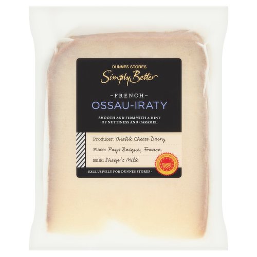 Ossau-Iraty PDO: Full Fat Semi Hard Cheese made from Pasteurised Sheep's Milk<br/><br/><b>Features</b><br/>Smooth and Firm with A Hint of Nuttiness and Caramel<br/><br/><b>Pack Size</b><br/>145g ℮<br/><br/><br/><b>Ingredients</b><br/>Pasteurised French Sheep's <span style='font-weight: bold;'>Milk</span><br/>Salt<br/>Lactic Ferments<br/>Animal Rennet<br/><br/><b>Allergy Advice</b><br/>For allergens, see ingredients in bold.<br/><br/><br/><b>Safety Warning</b><br/>CAUTION<br/>
The rind on the cheese is not edible.<br/><br/><b>Storage Type</b><br/>Chilled<br/><br/><b>Storage and Usage Statements</b><br/>Keep Refrigerated<br/><br/><b>Storage</b><br/>Keep Refrigerated 0°C to +4°C.<br/>
Once opened, consume within 3 days of opening and by 'best before' date.<br/><br/><b>Storage Conditions</b><br/>Min Temp °C 0<br/>Max Temp °C 4<br/><br/><b>Preparation and Usage</b><br/>Serving Suggestion<br/>
Wonderful on its own or melted.<br/><br/>Country of Origin - France<br/><br/><b>Origin</b><br/>Produced in France<br/>Packed in Co. Dublin<br/><br/><b>Company Name</b><br/>Dunnes Stores<br/><br/><b>Company Address</b><br/>46-50 South Great George's Street,<br/>
Dublin 2.<br/>
<br/>
Store 3,<br/>
Forestside S.C.,<br/>
Upr. Galwally Rd.,<br/>
Belfast,<br/>
BT8 6FX.<br/><br/><b>Durability after Opening</b><br/>Consume Within - Days - 3<br/><br/><b>Return To</b><br/>Dunnes Stores,<br/>
46-50 South Great George's Street,<br/>
Dublin 2.<br/>
<br/>
Dunnes Stores,<br/>
Store 3,<br/>
Forestside S.C.,<br/>
Upr. Galwally Rd.,<br/>
Belfast,<br/>
BT8 6FX.<br/>