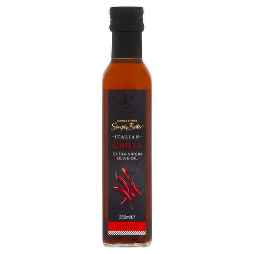 Extra virgin olive oil with dried chilli<br/><br/><b>Pack Size</b><br/>250ml ℮<br/><br/><br/><b>Ingredients</b><br/>Italian Extra Virgin Olive Oil (97%)<br/>Dried Chillies (2.0%)<br/>Natural Aroma<br/><br/><b>Storage Type</b><br/>Ambient<br/><br/><b>Storage</b><br/>- Store in a cool dry place.<br/>
- Keep away from sunlight and heat.<br/>
- Do not refrigerate. If stored below 7°C oil may become cloudy. This will clear when returned to room temperature and will not affect the quality of the oil.<br/><br/>Country of Origin - Italy<br/>Packed In - Italy<br/><br/><b>Origin</b><br/>Produced and packed in Italy<br/><br/><b>Company Name</b><br/>Dunnes Stores<br/><br/><b>Company Address</b><br/>46-50 South Great George's Street,<br/>
Dublin 2.<br/>
<br/>
Store 3,<br/>
Forestside S.C.,<br/>
Upr. Galwally Rd.,<br/>
Belfast,<br/>
BT8 6FX.<br/><br/><b>Return To</b><br/>Dunnes Stores,<br/>
46-50 South Great George's Street,<br/>
Dublin 2.<br/>
<br/>
Dunnes Stores,<br/>
Store 3,<br/>
Forestside S.C.,<br/>
Upr. Galwally Rd.,<br/>
Belfast,<br/>
BT8 6FX.<br/>
