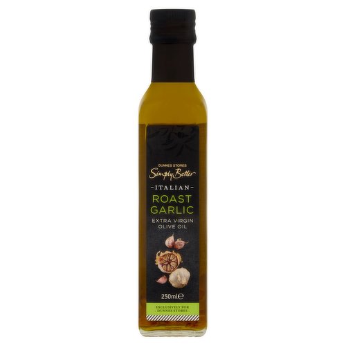 Extra virgin olive oil with roasted garlic<br/><br/><b>Pack Size</b><br/>250ml ℮<br/><br/><br/><b>Ingredients</b><br/>Italian Extra Virgin Olive Oil (97%)<br/>Roasted Garlic (2.0%)<br/>Natural Aroma<br/><br/><b>Storage Type</b><br/>Ambient<br/><br/><b>Storage</b><br/>- Store in a cool dry place.<br/>
- Keep away from sunlight and heat.<br/>
- Do not refrigerate. If stored below 7°C oil may become cloudy. This will clear when returned to room temperature and will not affect the quality of the oil.<br/><br/>Country of Origin - Italy<br/>Packed In - Italy<br/><br/><b>Origin</b><br/>Produced and packed in Italy<br/><br/><b>Company Name</b><br/>Dunnes Stores<br/><br/><b>Company Address</b><br/>46-50 South Great George's Street,<br/>
Dublin 2.<br/>
<br/>
Store 3,<br/>
Forestside S.C.,<br/>
Upr. Galwally Rd.,<br/>
Belfast,<br/>
BT8 6FX.<br/><br/><b>Return To</b><br/>Dunnes Stores,<br/>
46-50 South Great George's Street,<br/>
Dublin 2.<br/>
<br/>
Dunnes Stores,<br/>
Store 3,<br/>
Forestside S.C.,<br/>
Upr. Galwally Rd.,<br/>
Belfast,<br/>
BT8 6FX.<br/>