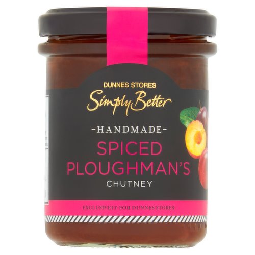 Plum & Apple Chutney<br/><br/><b>Features</b><br/>Handmade<br/><br/><b>Pack Size</b><br/>210g ℮<br/><br/><br/><b>Ingredients</b><br/>Plums (33%)<br/>Apple<br/>Brown Sugar<br/>Cider Vinegar<br/>White Onions<br/>Ginger Purée<br/>Irish Garlic Purée<br/>Irish Chilli Purée<br/>Spices (Star Anise, Cinnamon, Ground Cumin)<br/><br/><b>Safety Warning</b><br/>Caution<br/>
Whilst every effort has been made to remove all stalks and stones from fruit & vegetables, some may remain.<br/><br/><b>Storage Type</b><br/>Ambient<br/><br/><b>Storage</b><br/>- Store in a cool dry place.<br/>
- Once opened, keep refrigerated and consume within 21 days.<br/><br/><b>Origin</b><br/>Packed in Co. Wexford<br/><br/><b>Company Name</b><br/>Dunnes Stores<br/><br/><b>Company Address</b><br/>46-50 South Great George's Street,<br/>
Dublin 2.<br/>
<br/>
Store 3,<br/>
Forestside S.C.,<br/>
Upr. Galwally Rd.,<br/>
Belfast,<br/>
BT8 6FX.<br/><br/><b>Durability after Opening</b><br/>Consume Within - Days - 21<br/><br/><b>Return To</b><br/>Dunnes Stores,<br/>
46-50 South Great George's Street,<br/>
Dublin 2.<br/>
<br/>
Dunnes Stores,<br/>
Store 3,<br/>
Forestside S.C.,<br/>
Upr. Galwally Rd.,<br/>
Belfast,<br/>
BT8 6FX.<br/>