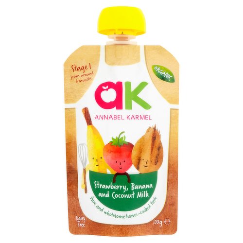 A smooth blend of banana, apple, strawberry and coconut milk<br/><br/><b>Nutritional Claims</b><br/>No added salt<br/>No added sugar<br/><br/><b>Features</b><br/>Organic<br/>Pure and wholesome home-cooked taste<br/>Contains one portion of fruit<br/>No added salt or sugar<br/>No dairy or gluten<br/>No additives or preservatives<br/>Vegetarian Society approved<br/><br/><b>Lifestyle</b><br/>No Added Salt<br/>No Added Sugar<br/>Organic<br/>Suitable for Vegetarians<br/><br/><b>Pack Size</b><br/>100g ℮<br/><br/><br/><b>Ingredients</b><br/>Organic Bananas (30%)<br/>Organic Apples (30%)<br/>Organic Strawberries (25%)<br/>Organic Coconut Milk (15%)<br/><br/><b>Lower Age Limit</b><br/>Advisory - Months - 6<br/><br/><b>Safety Warning</b><br/>Warning: Pouch contains small parts. Potential choking risk to children under 36 months.<br/>
Please keep out of their reach at all times.<br/><br/><b>Storage Type</b><br/>Ambient<br/><br/><b>Storage</b><br/>Store in a cool dry place. Once opened, keep refrigerated for up to 48 hours.<br/><br/>Country of Origin - United Kingdom<br/><br/><b>Origin</b><br/>Made in the UK<br/><br/><b>Web Address</b><br/>www.annabelkarmel.com<br/><br/><b>Return To</b><br/>Freepost, Annabel Karmel.<br/>
www.annabelkarmel.com<br/>