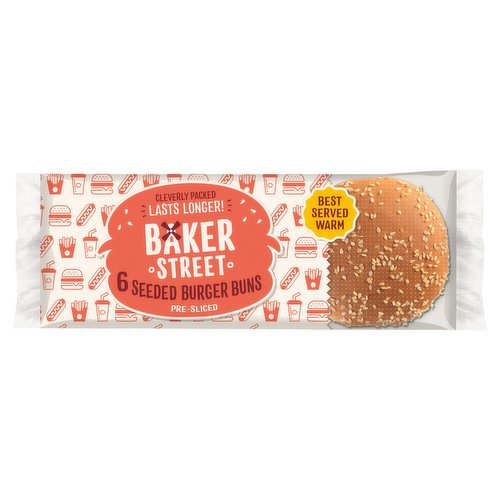 6 Pre-Sliced Burger Buns with Sesame Seeds<br/><br/><b>Features</b><br/>Cleverly Packed Lasts Longer!<br/>Vegetarian Society Approved - Vegan<br/><br/><b>Lifestyle</b><br/>Suitable for Vegans<br/>Suitable for Vegetarians<br/><br/><b>Usage Other Text</b><br/>This pack contains 6 servings<br/><br/><b>Usage Count</b><br/>Number of uses - Servings - 6<br/><br/><br/><b>Ingredients</b><br/><span style='font-weight: bold;'>Wheat</span> Flour<br/>Water<br/>Sugar<br/><span style='font-weight: bold;'>Sesame</span> Seeds (3%)<br/>Yeast<br/>Vegetable Oil (Sunflower, Rapeseed)<br/>Salt<br/>Emulsifiers (Mono-and Diglycerides of Fatty Acids, Sodium Stearoyl-2-Lactylate)<br/>Malted <span style='font-weight: bold;'>Barley</span> Flour<br/>Acidity Regulator (Sodium Acetate)<br/>Flavouring<br/>Flour Treatment Agent (Ascorbic Acid)<br/><br/><b>Allergy Advice</b><br/>For allergens, including Cereals containing Gluten, see ingredients in <span style='font-weight: bold;'>bold</span>.<br/><br/><br/><b>Allergy Text</b><br/>Prepared in an environment that handles ingredients which contain Milk, Egg, Soya, Mustard and Lupin. Not suitable for Milk, Egg, Soya, Mustard and Lupin allergy sufferers.<br/><br/><br/><b>Number of Units</b><br/>6<br/><br/><b>Storage Type</b><br/>Ambient<br/><br/><b>Storage</b><br/>Store in a cool, dry place.<br/>
And once opened... to keep this product at its best reseal between uses.<br/>
For best before: Please see front of pack.<br/><br/><b>Cooking Guidelines</b><br/>Cooking Instructions - General - For the perfect burger, heat and then eat...<br/>
Remove all packaging.<br/>Grill - From Ambient - Separate and place under a pre-heated grill for 1 minute.<br/>Oven cook - From Ambient - Place on a baking tray in a pre-heated oven 200°C, 180°C Fan, Gas mark 6, for approx. 3 minutes.<br/><br/><b>Preparation and Usage</b><br/>Best served warm<br/><br/><b>Company Name</b><br/>St Pierre Groupe Limited / Matt Reilly Cakes Ltd<br/><br/><b>Company Address</b><br/>St Pierre Groupe Limited,<br/>
Kingston House,<br/>
Towers Business Park,<br/>
Wilmslow Road,<br/>
Manchester,<br/>
M20 2LX,<br/>
UK.<br/>
<br/>
Matt Reilly Cakes Ltd,<br/>
Unit 3B Dysart House,<br/>
Plato Business Park,<br/>
Damastown,<br/>
Dublin 15,<br/>
ROI.<br/><br/><b>Web Address</b><br/>WWW.LOVEBAKERSTREET.COM<br/><br/><b>Return To</b><br/>St Pierre Groupe Limited,<br/>
Kingston House,<br/>
Towers Business Park,<br/>
Wilmslow Road,<br/>
Manchester,<br/>
M20 2LX,<br/>
UK.<br/>
<br/>
Contact in EU:<br/>
Matt Reilly Cakes Ltd,<br/>
Unit 3B Dysart House,<br/>
Plato Business Park,<br/>
Damastown,<br/>
Dublin 15,<br/>
ROI.<br/>
WWW.LOVEBAKERSTREET.COM<br/>