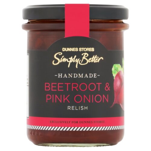 Beetroot & Pink Onion Relish<br/><br/><b>Pack Size</b><br/>210g ℮<br/><br/><br/><b>Ingredients</b><br/>Irish Beetroot (34%)<br/>Sugar<br/>Irish Pink Onions<br/>Irish Cider Vinegar<br/>Apple<br/>Balsamic Vinegar<br/>Ginger Purée<br/>Irish Garlic Purée<br/>Irish Black Garlic Cloves<br/>Irish Sea Salt<br/>Black Pepper<br/><br/><b>Safety Warning</b><br/>CAUTION<br/>
Whilst every effort has been made to remove all stalks and stones from fruit & vegetables, some may remain.<br/><br/><b>Storage Type</b><br/>Ambient<br/><br/><b>Storage</b><br/>- Store in a cool dry place.<br/>
- Once opened, keep refrigerated and consume within 21 days.<br/><br/><b>Origin</b><br/>Packed in Co. Wexford<br/><br/><b>Company Name</b><br/>Dunnes Stores<br/><br/><b>Company Address</b><br/>46-50 South Great George's Street,<br/>
Dublin 2.<br/>
<br/>
Store 3,<br/>
Forestside S.C.,<br/>
Upr. Galwally Rd.,<br/>
Belfast,<br/>
BT8 6FX.<br/><br/><b>Durability after Opening</b><br/>Consume Within - Days - 21<br/><br/><b>Return To</b><br/>Dunnes Stores,<br/>
46-50 South Great George's Street,<br/>
Dublin 2.<br/>
<br/>
Dunnes Stores,<br/>
Store 3,<br/>
Forestside S.C.,<br/>
Upr. Galwally Rd.,<br/>
Belfast,<br/>
BT8 6FX.<br/>