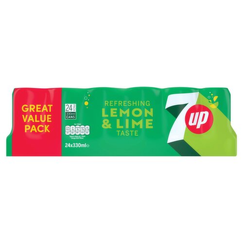 Carbonated Lemon and Lime Flavoured Soft Drink with Sugar and Sweeteners.<br/><br/><b>Features</b><br/>Free of Colour and Preservative<br/>Free of Caffeine<br/><br/><b>Pack Size</b><br/>330ml ℮<br/><br/><b>Usage Other Text</b><br/>Pack contains 24 servings of 330ml<br/><br/><b>Usage Count</b><br/>Number of uses - Servings - 24<br/><br/><br/><b>Ingredients</b><br/>Carbonated Water<br/>Sugar<br/>Acids (Citric Acid, Malic Acid)<br/>Natural Lemon and Lime Flavouring with other Natural Flavourings<br/>Acidity Regulator (Sodium Citrate)<br/>Sweeteners (Acesulfame K, Sucralose)<br/><br/><b>Number of Units</b><br/>24<br/><br/><b>Safety Warning</b><br/>CAUTION: PRESSURISED CONTAINERS, HANDLE WITH CARE.<br/><br/><b>Storage Type</b><br/>Ambient<br/><br/><b>Storage</b><br/>Best Before End: See base of Cans and or side of pack.<br/><br/><b>Company Name</b><br/>Britvic Ireland Ltd. /Britvic Soft Drinks Ltd.<br/><br/><b>Company Address</b><br/>Britvic Ireland Ltd.,<br/>
P.O. Box 2020,<br/>
Dublin 10,<br/>
Ireland.<br/>
<br/>
Britvic Soft Drinks Ltd.,<br/>
Hemel Hempstead,<br/>
HP2 4TZ,<br/>
UK.<br/><br/><b>Web Address</b><br/>www.7up.ie<br/><br/><b>Return To</b><br/>Britvic Ireland Ltd.,<br/>
P.O. Box 2020,<br/>
Dublin 10,<br/>
Ireland.<br/>
<br/>
Britvic Soft Drinks Ltd.,<br/>
Hemel Hempstead,<br/>
HP2 4TZ,<br/>
UK.<br/>
www.7up.ie<br/>