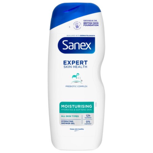 <b>Further Description</b><br/>Enjoy soft, hydrated skin after every shower with Sanex Expert Skin Health Moisturising Shower Gel. This moisturising body wash has been expertly crafted to gently cleanse while hydrating your skin and leaving it feeling wonderfully soft. With a proprietary prebiotic and postbiotic complex formula, this hydrating body wash helps to create a strong barrier against external aggressors and leaves your skin less prone to dryness after each shower, while providing 12 hours of hydration. <br/>
<br/>
After years of research, this moisturising shower gel is created with a unique blend of skin nutrients that help to support a healthy skin microbiome. It supports the good bacteria on your skin and helps to protect your skin’s natural barrier and hydration. <br/>
<br/>
This dermatologically tested hydrating body wash respects the natural pH of your skin and contains 0% sulphates*. It also has ingredients of 92% natural origin** and is completely vegan. <br/>
<br/>
Keep your skin performing at its healthy best with Sanex. <br/>
<br/>
*Does not contain any sulphate-based surfactants. <br/>
**Water and naturally sourced ingredients with limited processing<br/><br/><b>Features</b><br/>Sanex Expert Skin Health Moisturising Shower gel is expertly crafted to gently cleanse, hydrate and leave your skin feeling soft and supple.<br/>12 HOURS OF HYDRATION: With a proprietary prebiotic and postbiotic complex formula, our body wash helps to create a strong barrier against external aggressors and leaves your skin less prone to dryness after each shower.<br/>Our shower gel is created with a unique blend of SKIN nutrients that help to support a healthy SKIN microbiome.<br/>The body wash supports the good bacteria on your skin and helps to protect your skin’s natural barrier and hydration.<br/>This vegan body wash for men and women is dermatologically tested, respects your skin's natural pH and contains 0% sulphates*. *Does not contain any sulphate-based surfactants.<br/><br/><b>Pack Size</b><br/>570ML ℮<br/><br/><br/><b>Ingredients</b><br/>Aqua, Cocamidopropyl Betaine, Glycerin, Sodium C14-16 Olefin Sulfonate, Sodium Benzoate, Inulin, Lactic Acid, Parfum, Hydroxyacetophenone, Sodium Pyruvate, Sodium PCA, Sodium Gluconate, Sucrose Cocoate, Butyloctanol, Lecithin, Poloxamer 124, Zinc Sulfate.<br/><br/><b>Storage Type</b><br/>Ambient<br/><br/><b>Company Name</b><br/>Colgate-Palmolive<br/><br/><b>Company Address</b><br/>Guildford; GU2 8JZ<br/><br/><b>Telephone Helpline</b><br/>00800 321 321 32<br/><br/><b>Web Address</b><br/>www.colgate.co.uk<br/><br/><b>Return To</b><br/>Guildford; GU2 8JZ<br/><br/>