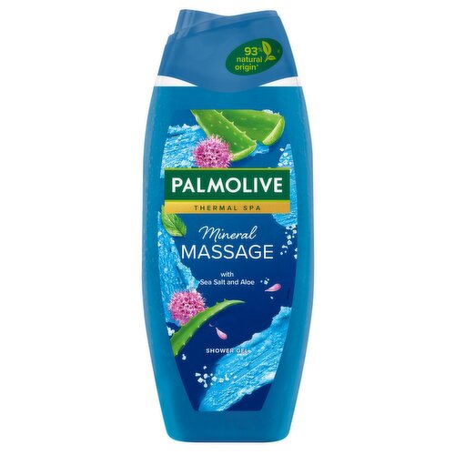 <b>Further Description</b><br/>Indulge in some me-time and spa-like pampering each time you step into the shower. Palmolive Thermal Spa Mineral Massage Shower Gel, with sea salt and aloe, is beautifully fragrant and delightfully textured to help you feel more connected to nature. <br/>
<br/>
This shower gel is a little more thoughtful with ingredients of 93% natural origin♦ and a 95% biodegradable formula. Contains 100% natural essential oil for a shower experience that’ll leave you feeling pampered.<br/>
<br/>
Palmolive is committed to responsible sourcing, which you can find out more about by visiting Palmolive.eu.com/naturalworld.<br/>
<br/>
♦Water and naturally sourced ingredients with limited processing.<br/><br/><b>Features</b><br/>93% natural origin<br/>95% biodegradable formula.<br/>100% natural essential oil.<br/>The shower gel comes in a recyclable bottle.<br/>Palmolive is committed to responsible sourcing, which you can find out more about by visiting Palmolive.eu.com/naturalworld. *Water and naturally sourced ingredients with limited processing.<br/><br/><b>Pack Size</b><br/>400ML ℮<br/><br/><br/><b>Ingredients</b><br/>INGREDIENTS: Aqua, Sodium Laureth Sulfate, Cocamidopropyl Betaine, Acrylates Copolymer, Sodium Chloride, Parfum, Citric Acid, Hydrated Silica, Sodium Salicylate, Sodium Benzoate, Sodium Hydroxide, Tetrasodium EDTA, Maris Sal, Mentha Aquatica Leaf Extract, Aloe Barbadensis Leaf Juice Powder, Cananga Odorata Flower Oil, Hexyl Cinnamal, Linalool, CI 14720, CI 42090.<br/><br/><b>Storage Type</b><br/>Ambient<br/><br/><b>Company Name</b><br/>Colgate-Palmolive<br/><br/><b>Company Address</b><br/>Guildford; GU2 8JZ<br/><br/><b>Telephone Helpline</b><br/>00800 321 321 32<br/><br/><b>Web Address</b><br/>www.colgate.co.uk<br/><br/><b>Return To</b><br/>Guildford; GU2 8JZ<br/><br/>