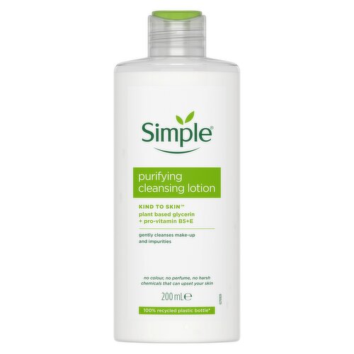 <b>Features</b><br/>Simple Kind to Skin Purifying Cleansing Lotion helps keep skin smooth and soft with its creamy no-rinse formula — perfect for when you are on the go<br/>Did you notice that this bottle of face cleanser is a little darker than usual? It’s because it's made from 100% recycled plastic!<br/>This facial cleanser is made with the perfect blend of gentle cleansers and skin-loving ingredients such as vitamin E and pro-vitamin B5<br/>This cleansing lotion is 100% soap-free, contains no artificial perfume or colour, and no harsh chemicals that can upset your skin, so it is suitable for all skin types — even the most sensitive skin<br/>This skin cleanser is kind to your skin and hypoallergenic, as well as dermatologically tested and approved<br/>Kind to Skin Purifying Cleansing Lotion is PETA certified cruelty-free and vegan. Globally, Simple does not test on animals<br/><br/><b>Pack Size</b><br/>200millilitre ℮<br/><br/><br/><b>Ingredients</b><br/>Aqua, Hydrogenated Palm Kernel Oil, Glycerin, Isopropyl Palmitate, Polysorbate 60, Sorbitan Stearate, Acrylates/C10-30 Alkyl Acrylate Crosspolymer, Allantoin, BHT, Bisabolol, Cetearyl Alcohol, Disodium EDTA, Hydroxypropyl Cyclodextrin, Iodopropynyl Butylcarbamate, Panthenol, Pantolactone, Phenoxyethanol, Sodium Hydroxide, Tocopheryl Acetate<br/><br/><b>Safety Warning</b><br/>WARNING: for external use only. Avoid getting into your eyes.<br/><br/><b>Storage Type</b><br/>Ambient<br/><br/>Country of Origin - Poland<br/><br/><b>Origin</b><br/>Poland<br/><br/><b>Company Name</b><br/>Unilever UK Ltd. / Unilever Ireland Ltd.<br/><br/><b>Company Address</b><br/>Unilever Dept ER,<br/>
Wirral CH63 3JW UK<br/><br/><b>Telephone Helpline</b><br/>UK: 0800 028 0020<br/>
ROI: 1850 404 060 (Callsave)<br/><br/><b>Web Address</b><br/>www.simple.co.uk<br/><br/>