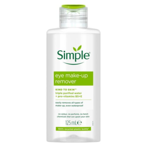 <b>Features</b><br/>Simple Kind To Skin Eye Make-up Remover effortlessly removes eye make-up in one go – yes, even waterproof mascara!<br/>You may have noticed this oil-free make-up remover bottle is a little darker than usual, that’s because it's made from recycled plastic!<br/>Our Simple oil-free make-up remover is a Kind to Skin favourite, suitable for contact lens wearers and enriched with pro-vitamin B5 and vitamin E<br/>Don't worry about allergies, this eye make-up remover is hypoallergenic, as well as dermatologically tested<br/>Contains no artificial perfume or colour and no harsh chemicals that can upset your skin; suitable for all skin types, even the most sensitive skin<br/>Simple Kind To Skin Eye Make-up Remover is PETA certified cruelty-free and vegan. Globally, Simple does not test on animals<br/><br/><b>Pack Size</b><br/>125millilitre ℮<br/><br/><br/><b>Ingredients</b><br/>Aqua, Poloxamer 184, Butylene Glycol, Ceteth-20, PEG-20 Glyceryl Laurate, Laureth-23, Panthenol, Phenoxyethanol, Disodium Phosphate, Sodium Phosphate, Calcium Disodium EDTA, Hydroxypropyl Cyclodextrin, Pantolactone,Tocopheryl Acetate, Iodopropynyl Butylcarbamate, BHT<br/><br/><b>Safety Warning</b><br/>WARNING: for external use only. Avoid getting into your eyes.<br/><br/><b>Storage Type</b><br/>Ambient<br/><br/>Country of Origin - Poland<br/><br/><b>Origin</b><br/>Poland<br/><br/><b>Company Name</b><br/>Unilever UK Ltd. / Unilever Ireland Ltd.<br/><br/><b>Company Address</b><br/>Unilever Dept ER,<br/>
Wirral CH63 3JW UK<br/><br/><b>Telephone Helpline</b><br/>UK: 0800 028 0020<br/>
ROI: 1850 404 060 (Callsave)<br/><br/><b>Web Address</b><br/>www.simple.co.uk<br/><br/>