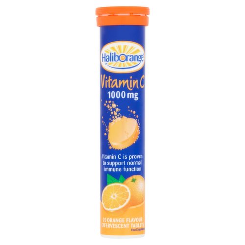 Effervescent Vitamin C 1000mg 20 Tablets with Sugar and Sweeteners.<br/><br/><b>Features</b><br/>Vitamin C is proven to support normal immune function<br/>Free from artificial preservatives and colours<br/>Suitable for vegetarians & vegans<br/><br/><b>Lifestyle</b><br/>Suitable for Vegans<br/>Suitable for Vegetarians<br/><br/><br/><b>Ingredients</b><br/>Sucrose, Ascorbic Acid, Sodium Bicarbonate, Citric Acid<br/>Flavour, Orange (2.5%)<br/>Colours: Beetroot Powder Prep. (Maltodextrin, Beetroot Juice Concentrate, Citric Acid)<br/>Corn Starch<br/>Sweeteners: Sodium Cyclamate, Sodium Saccharin<br/>Riboflavin Phosphate<br/>Maltodextrin<br/><br/><b>Lower Age Limit</b><br/>Advisory - Years - 12<br/><br/><b>Number of Units</b><br/>20<br/><br/><b>Safety Warning</b><br/>Food supplements are intended to supplement the diet and should not be regarded as a substitute for a varied diet and a healthy lifestyle. Check seal is intact before first use.<br/>
<br/>
KEEP OUT OF REACH OF YOUNG CHILDREN. REPLACE LID SECURELY.<br/><br/><b>Storage Type</b><br/>Ambient<br/><br/><b>Storage</b><br/>Store in a cool, dry place, below 25 C. For best before end date and lot number please see bottom of tube.<br/><br/><b>Storage Conditions</b><br/>Max Temp °C 25<br/><br/><b>Preparation and Usage</b><br/>Recommended Dosage <br/>
Adults and children over 12 years of age, take one tablet dissolved in a glass of water a day. Do not exceed the recommended dosage.<br/><br/>Country of Origin - Germany<br/><br/><b>Company Name</b><br/>PharmaCare (Europe) Ltd. / PAC Health (Europe) Ltd.<br/><br/><b>Company Address</b><br/>PharmaCare (Europe) Ltd.,<br/>
Unit 3, <br/>
Dialog, <br/>
Fleming Way,<br/>
Crawley, <br/>
RH10 9NQ,<br/>
United Kingdom.<br/>
<br/>
PAC Health (Europe) Ltd.,<br/>
38 Main St, <br/>
Swords,<br/>
Co. Dublin, <br/>
K67 E0A2, <br/>
Ireland.<br/><br/><b>Web Address</b><br/>www.haliborange.com<br/><br/><b>Return To</b><br/>www.haliborange.com<br/>
PharmaCare (Europe) Ltd.,<br/>
Unit 3, <br/>
Dialog, <br/>
Fleming Way,<br/>
Crawley, <br/>
RH10 9NQ,<br/>
United Kingdom.<br/>
<br/>
PAC Health (Europe) Ltd.,<br/>
38 Main St, <br/>
Swords,<br/>
Co. Dublin, <br/>
K67 E0A2, <br/>
Ireland.<br/>
cs@pharmacareeurope.com<br/><br/><style>table {border-collapse:collapse}td {background:#f0f3f7;border: 1px solid gray;border-collapse:collapse;} th {background:lightgray;border: 1px solid gray;border-collapse:collapse;} .sectHead {font-weight:bold;} </style><p><span class=sectHead>Nutrition</span><table><tr><th></th><th>Per Tablet</th><th>%NRV</th></tr><tr><td>Vitamin C</td><td>1000mg</td><td>1250</td></tr><tr><td>NRV = Nutrient Reference Value</td><td></td><td></td></tr></table></p>