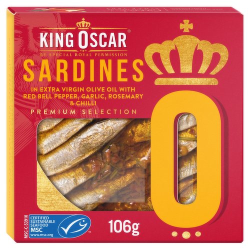 King Oscar Sardines in Extra Virgin Olive Oil with Red Bell Pepper, Garlic, Rosemary & Chilli 106g