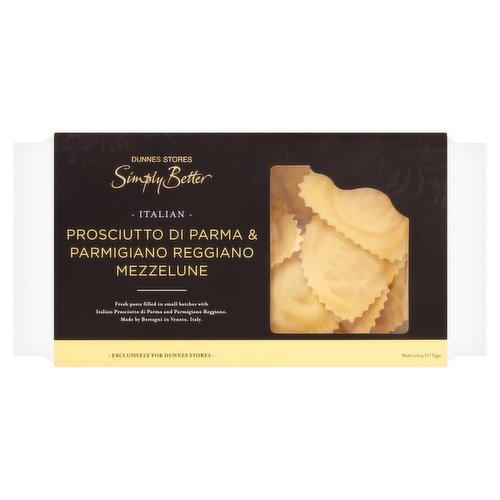 Egg Pasta with Prosciutto di Parma and Parmigiano Reggiano Filling<br/><br/><b>Features</b><br/>Fresh pasta filled in small batches with Italian Prosciutto di Parma and Parmigiano Reggiano<br/><br/><b>Pack Size</b><br/>250g ℮<br/><br/><b>Usage Other Text</b><br/>Number of Servings Per Pack: 2<br/><br/><b>Usage Count</b><br/>Number of uses - Servings - 2<br/><br/><br/><b>Ingredients</b><br/>Prosciutto di Parma and Parmigiano Reggiano Filling (60%) [Parmigiano Reggiano Sauce (22%) (Water, Parmigiano Reggiano PDO Cheese (15%) (<span style='font-weight: bold;'>Milk</span>), Cornflour, Salt), Cream (<span style='font-weight: bold;'>Milk</span>), Water, Whey (<span style='font-weight: bold;'>Milk</span>), Prosciutto di Parma PDO (10%) (Pork, Salt), Breadcrumbs (<span style='font-weight: bold;'>Wheat</span> Flour, Salt, Yeast), Parmigiano Reggiano PDO Cheese (5%) (<span style='font-weight: bold;'>Milk</span>, Salt, Animal Rennet), Ricotta Cheese (Whey (<span style='font-weight: bold;'>Milk</span>), Cream (<span style='font-weight: bold;'>Milk</span>), Salt, Acidity Regulator: Citric Acid, Lactic Acid), Cornflour, Salt, Butter (<span style='font-weight: bold;'>Milk</span>), Yeast]<br/>Pasta (40%) [<span style='font-weight: bold;'>Wheat</span> Flour, Pasteurised <span style='font-weight: bold;'>Egg</span>, Durum <span style='font-weight: bold;'>Wheat</span> Semolina]<br/>Autorizzazione Consorzio Parmigiano Reggiano<br/>Autorizzazione del Consorzio del Prosciutto di Parma del 18/10/2021<br/><br/><b>Allergy Advice</b><br/>For allergens, including Cereals containing Gluten, see ingredients in bold.<br/><br/><br/><b>Allergy Text</b><br/>May also contain Soya.<br/><br/><br/><b>Storage Type</b><br/>Chilled<br/><br/><b>Storage and Usage Statements</b><br/>Suitable for Home Freezing<br/>Not Suitable for Home Freezing<br/>Keep Refrigerated<br/><br/><b>Storage</b><br/>Keep Refrigerated at 0°C to +4°C.<br/>
- Consume within 3 days of opening and by 'use by' date, see film.<br/>
- Suitable for home freezing.<br/>
If freezing, freeze on the day of purchase and consume within 1 month.<br/>
- Defrost thoroughly in refrigerator before cooking and consume within 24 hours.<br/>
- Once thawed do not refreeze.<br/><br/><b>Storage Conditions</b><br/>Min Temp °C 0<br/>Max Temp °C 4<br/><br/><b>Cooking Guidelines</b><br/>Hob - From Chilled - Cooking times will vary with appliances, the following are guidelines only. Not Suitable for Microwave Cooking. Remove All Packaging. <br/>
3-4 mins<br/>
Place pasta in a saucepan of boiling water, return to the boil and simmer for time shown. Drain and serve. <br/>
Always Check the Product Is Piping Hot Throughout Before Serving. Do Not Reheat Once Cooked.<br/><br/>Country of Origin - Italy<br/><br/><b>Origin</b><br/>Produced in Italy using EU eggs<br/><br/><b>Company Name</b><br/>Dunnes Stores<br/><br/><b>Company Address</b><br/>46-50 South Great George's Street,<br/>
Dublin 2.<br/>
<br/>
Store 3,<br/>
Forestside S.C.,<br/>
Upr. Galwally Rd,<br/>
Belfast,<br/>
BT8 6FX.<br/><br/><b>Durability after Opening</b><br/>Consume Within - Days - 3<br/><br/><b>Return To</b><br/>Dunnes Stores,<br/>
46-50 South Great George's Street,<br/>
Dublin 2.<br/>
<br/>
Dunnes Stores,<br/>
Store 3,<br/>
Forestside S.C.,<br/>
Upr. Galwally Rd,<br/>
Belfast,<br/>
BT8 6FX.<br/>