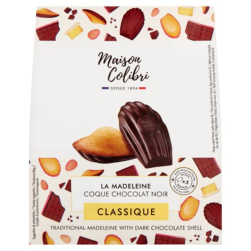 Dark chocolate moulded madeleine<br/><br/><b>Features</b><br/>Palm oil free and colourant free<br/><br/><b>Pack Size</b><br/>150g ℮<br/><br/><br/><b>Ingredients</b><br/>Chocolate 33.3% (Sugar, Cocoa Mass, Cocoa Butter, Emulsifier: Sunflower Lecithin)<br/><span style='font-weight: bold;'>Wheat</span> Flour 19.7%<br/>Pastry <span style='font-weight: bold;'>Butter</span> 14.6%<br/>Fresh <span style='font-weight: bold;'>Eggs</span> 14%<br/>Sugar<br/>Stabilisers: Sorbitols - Glycerol, Glucose Syrup, Natural Vanilla Flavouring (contains Alcohol), Corn Starch<br/>Raising Agents: Sodium Carbonates and Potassium Tartrates<br/>Inverted Sugar Syrup<br/>Table Salt from the Isle of Ré<br/><br/><b>Allergy Text</b><br/>Traces of Nuts and Soya.<br/><br/><br/><b>Storage Type</b><br/>Ambient<br/><br/><b>Storage</b><br/>Store in a cool, dry place.<br/><br/>Country of Origin - France<br/><br/><b>Origin</b><br/>Made in France. Flour produced in France, Eggs produced in EU<br/><br/><b>Company Name</b><br/>Maison Colibri<br/><br/><b>Company Address</b><br/>2 route de Marennes<br/>
17800 Pons,<br/>
France.<br/><br/><b>Web Address</b><br/>www.maison-colibri.com<br/><br/><b>Return To</b><br/>Maison Colibri<br/>
2 route de Marennes<br/>
17800 Pons,<br/>
France.<br/>
www.maison-colibri.com<br/>
madeleine@maison-colibri.com<br/>