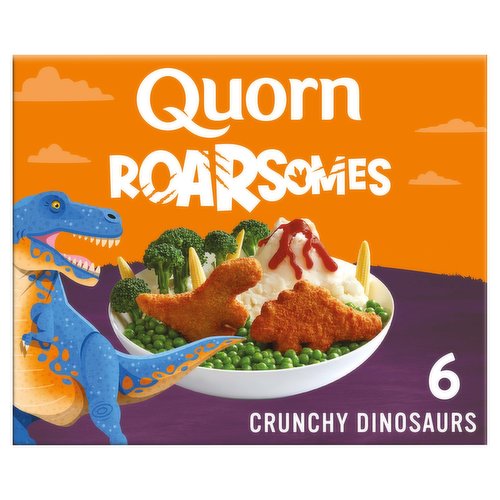 Vegan savoury flavour shapes made with mycoprotein, coated in breadcrumbs<br/><br/><b>Further Description</b><br/>Sustainable Nutrition<br/>
Quorn products are a source of protein because they contain Mycoprotein; a nutritious and sustainable protein source. Mycoprotein's footprint is certified by the Carbon Trust and has less impact on our planet's resources.<br/>
<br/>
To discover delicious recipes made with Quorn products and to find out more about our approach to sustainable nutrition visit www.quorn.co.uk and get social with us! Facebook.<br/><br/><b>Nutritional Claims</b><br/>High in Protein<br/>High in Fibre<br/>Low in Saturated Fat<br/><br/><b>Features</b><br/>Deliciously Meat Free<br/>High in Protein and Fibre<br/>Low in Saturated Fat<br/>Suitable for Vegans<br/><br/><b>Lifestyle</b><br/>Suitable for Vegans<br/><br/><b>Pack Size</b><br/>240g ℮<br/><br/><b>Usage Count</b><br/>Number of uses - Servings - 3<br/><br/><b>Recycling Info</b><br/>Pack - Recycle<br/><br/><br/><b>Ingredients</b><br/>Mycoprotein (51%)<br/><span style='font-weight: bold;'>Wheat</span> Flour (<span style='font-weight: bold;'>Wheat</span> Flour, Calcium, Iron, Niacin & Thiamine)<br/>Water<br/>Vegetable Oils (Rapeseed, Sunflower)<br/><span style='font-weight: bold;'>Wheat</span> Gluten<br/>Potato Protein<br/>Pea Protein<br/>Firming Agents: Calcium Acetate<br/>Calcium Chloride; Cornflour<br/><span style='font-weight: bold;'>Wheat</span> Semolina<br/>Natural Flavouring<br/>Pea Fibre<br/>Rice Flour<br/>Stabilisers: Carrageenan, Sodium Alginate<br/>Salt<br/>Yeast<br/>Garlic Powder<br/>Onion Powder<br/><br/><b>Allergy Advice</b><br/>For allergens, including Cereals containing Gluten, see ingredients in <span style='font-weight: bold;'>bold</span>.<br/><br/><br/><b>Allergy Text</b><br/>There have been rare cases of allergic reactions to Quorn® products, which contain Mycoprotein. Mycoprotein is made with a member of the fungi/mould family. Mycoprotein is high in protein and fibre which may cause intolerance in some people.<br/><br/><br/><b>Storage Type</b><br/>Frozen<br/><br/><b>Storage and Usage Statements</b><br/>Keep Frozen<br/><br/><b>Storage</b><br/>Keep frozen below -18°C. Do not re-freeze once thawed.<br/><br/><b>Storage Conditions</b><br/>Max Temp °C -18<br/><br/><b>Cooking Guidelines</b><br/>Oven cook - From Frozen - Remove all packaging. For best result Oven cook.<br/>
14-16 Min<br/>
Preheat oven and baking tray to 220°C/Fan 200°C/Gas 7. Cook on the middle shelf.<br/>
All appliances vary, these are guidelines only. Check product is piping hot before serving.<br/><br/><b>Preparation and Usage</b><br/>Our Roarsomes are Awesomely, Dino-Liciously Crunchy and Tasty!<br/>
Add Some Volcano Mash, Broccoli Trees and Boulder Shaped Peas to Set Your Perfect Prehistoric Scene. Don't Forget to Dunk Your Dino in Your Favourite Dip Too!<br/><br/>Country of Origin - United Kingdom<br/><br/><b>Company Name</b><br/>Quorn Foods<br/><br/><b>Company Address</b><br/>Freepost M1927,<br/>
Station Road,<br/>
Stokesley,<br/>
TS9 7BR.<br/><br/><b>Telephone Helpline</b><br/>0345 602 9000<br/><br/><b>Return To</b><br/>We're Here to Help<br/>
If you have any questions or comments please do get in touch<br/>
https://www.quorn.co.uk or call us on 0345 602 9000<br/>
Quorn Customer Services,<br/>
Quorn Foods,<br/>
Freepost M1927,<br/>
Station Road,<br/>
Stokesley,<br/>
TS9 7BR.<br/>