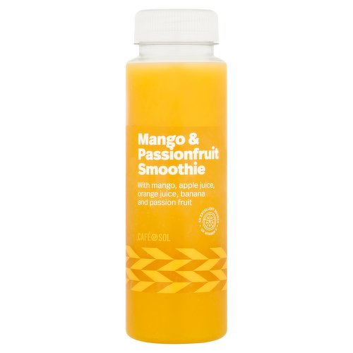 Cold pressed apple, mango, orange, banana and passion fruit smoothie. Processed using high pressure processing (HPP).<br/><br/><b>Nutritional Claims</b><br/>Source of Vitamin C<br/><br/><b>Features</b><br/>With mango, apple juice, orange juice, banana and passion fruit<br/>An Excellent Source of Vitamin C<br/>Suitable for: vegetarians & vegans<br/><br/><b>Lifestyle</b><br/>Suitable for Vegans<br/>Suitable for Vegetarians<br/><br/><b>Pack Size</b><br/>250ml ℮<br/><br/><br/><b>Ingredients</b><br/>Apple Juice (33%)<br/>Mango Purée (25%)<br/>Orange Juice (20%)<br/>Bananas (15%)<br/>Passion Fruit Juice (7%)<br/>Antioxidant: Ascorbic Acid<br/><br/><b>Storage Type</b><br/>Chilled<br/><br/><b>Storage and Usage Statements</b><br/>Keep Refrigerated<br/><br/><b>Storage</b><br/>Keep refrigerated 0°C to +4°C<br/>
Best Before: See cap, consume within 24 hours of opening and by 'best before' date.<br/><br/><b>Storage Conditions</b><br/>Min Temp °C 0<br/>Max Temp °C 4<br/><br/><b>Preparation and Usage</b><br/>Serve chilled. Shake well before opening.<br/>
This product may separate naturally.<br/>
Flavour and appearance may vary with the season.<br/><br/>Country of Origin - Ireland<br/><br/><b>Origin</b><br/>Produced in Ireland<br/><br/><b>Company Name</b><br/>Dunnes Stores<br/><br/><b>Company Address</b><br/>46-50 South Great George's Street,<br/>
Dublin 2.<br/>
<br/>
Store 3,<br/>
Forestside S.C,<br/>
Upr Galwally Rd,<br/>
Belfast,<br/>
BT8 6FX.<br/><br/><b>Durability after Opening</b><br/>Consume Within - Hours - 24<br/><br/><b>Return To</b><br/>Dunnes Stores,<br/>
46-50 South Great George's Street,<br/>
Dublin 2.<br/>
<br/>
Store 3,<br/>
Forestside S.C,<br/>
Upr Galwally Rd,<br/>
Belfast,<br/>
BT8 6FX.<br/>