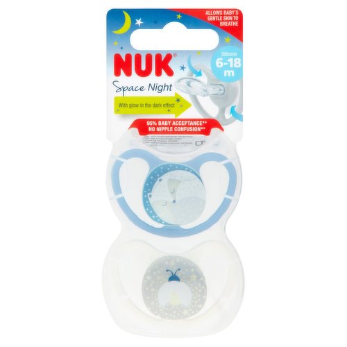 <b>Features</b><br/>With glow in the dark effect<br/>Allows Baby's Gentle Skin to Breathe<br/>BPA free<br/><br/><b>Lower Age Limit</b><br/>Advisory - Months - 6<br/><br/><b>Safety Warning</b><br/>For your child's safety: WARNING!<br/>
- Inspect carefully before each use, especially when the child has teeth. Pull the soother in all directions. Throw away at the first signs of damage or weakness.<br/>
- Only use dedicated soother holders tested to EN 12586. Never attach other ribbons or cords to a soother, your child may be strangled by them.<br/>
- Do not leave in direct sunlight or near a source of heat, or leave soother in sterilising solution for longer than recommended, as this may weaken the soother.<br/>
- In rare individual cases children manage to put the soother into the mouth completely. In such an event, DO NOT PANIC! Due to its special design, the soother cannot be swallowed and the two aspiration holes ensure sufficient breathing. Remove the soother from the child's mouth as gently as possible.<br/>
- Do not dip the soother in medicine or sweet substances and do not lick the soother. Both can cause caries (tooth decay) to your child.<br/>
- For reasons of safety and hygiene, replace the soother after 1-2 months use. This is very important, as even without visible damage the stability of the soother may have been weakened.<br/>
- For soother with cover: To avoid suffocation, keep the removable protection for the soother away from children.<br/>
- For LATEX soother: Produced from natural latex rubber.<br/>
- Retain address and art. no. for future reference.<br/><br/><b>Storage Type</b><br/>Ambient<br/><br/><b>Storage</b><br/>- Store hygienically, dry and away from light.<br/><br/><b>Preparation and Usage</b><br/>Box for hygienic conditioning in a microwave oven<br/>
4 Min. 700-1000W<br/>
40 ml<br/>
<br/>
Usage:<br/>
- Before first use place in boiling water for 5 minutes, use sufficient water to avoid damage. For hygiene reasons, before each further use, first clean thoroughly using mild washing up liquid and then sterilise. We recommend using a NUK Steriliser for sterilisation.<br/>
- For hygiene reasons: after cleaning and/or sterilisation, press out any residual liquid from the mouthpiece and leave the soother to dry afterwards.<br/>
- Do not clean the soother in a dishwasher as detergents can damage the product.<br/>
- For hygienic treatment in the microwave: Firstly, fill the pacifier box with water up to the bottom line of the marking. Then, insert the pacifier into the water in the box. To ensure even heating, and to avoid material damage, place the box off-centre on the microwave turntable. Important: Heat the closed box for 4 minutes at the power level/wattage engraved onto the box. Please also follow the microwave manufacturer's instructions. Leave microwave closed for another 5 min. Warning: risk of scalding remains, even after 5 min! If quantity of water, time or wattage are incorrect, this may damage the product! Empty out any water remaining. Leave soothers to dry in the open box. Check that the soothers are not still too hot before use! Keep soother box out of the reach of children. Suitable for NUK soothers only.<br/><br/>Country of Origin - Germany<br/><br/><b>Origin</b><br/>Made in Germany<br/><br/><b>Company Name</b><br/>Newell Rubbermaid UK Ltd. / Intrapharma Consumer Health<br/><br/><b>Company Address</b><br/>Newell Rubbermaid UK Ltd.,<br/>
Halifax Avenue,<br/>
Fradley Park,<br/>
WS13 8SS,<br/>
Lichfield,<br/>
Staffordshire,<br/>
Great Britain.<br/>
<br/>
Intrapharma Consumer Health,<br/>
Magna Business Park,<br/>
Citywest Road,<br/>
Dublin 24,<br/>
Ireland.<br/><br/><b>Web Address</b><br/>www.nuk.co.uk<br/><br/><b>Return To</b><br/>Newell Rubbermaid UK Ltd.,<br/>
Halifax Avenue,<br/>
Fradley Park,<br/>
WS13 8SS,<br/>
Lichfield,<br/>
Staffordshire,<br/>
Great Britain.<br/>
www.nuk.co.uk<br/>
<br/>
Intrapharma Consumer Health,<br/>
Magna Business Park,<br/>
Citywest Road,<br/>
Dublin 24,<br/>
Ireland.<br/><br/>